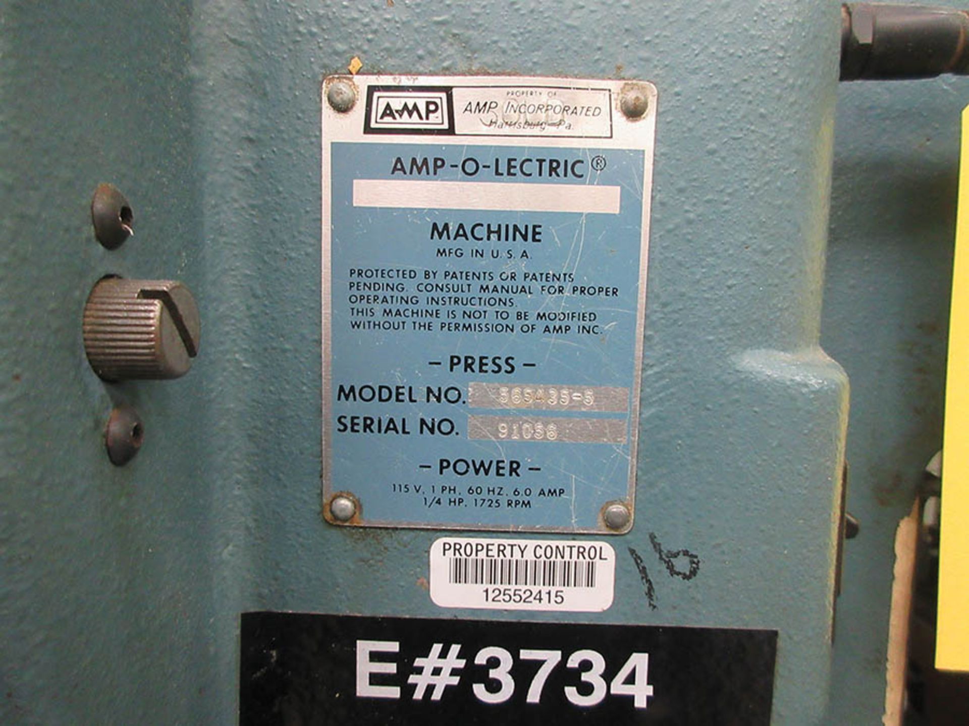 AMP WIRE CRIMPING MACHINE, FOOT PEDAL CONTROL, S/N 91056 - Image 2 of 2