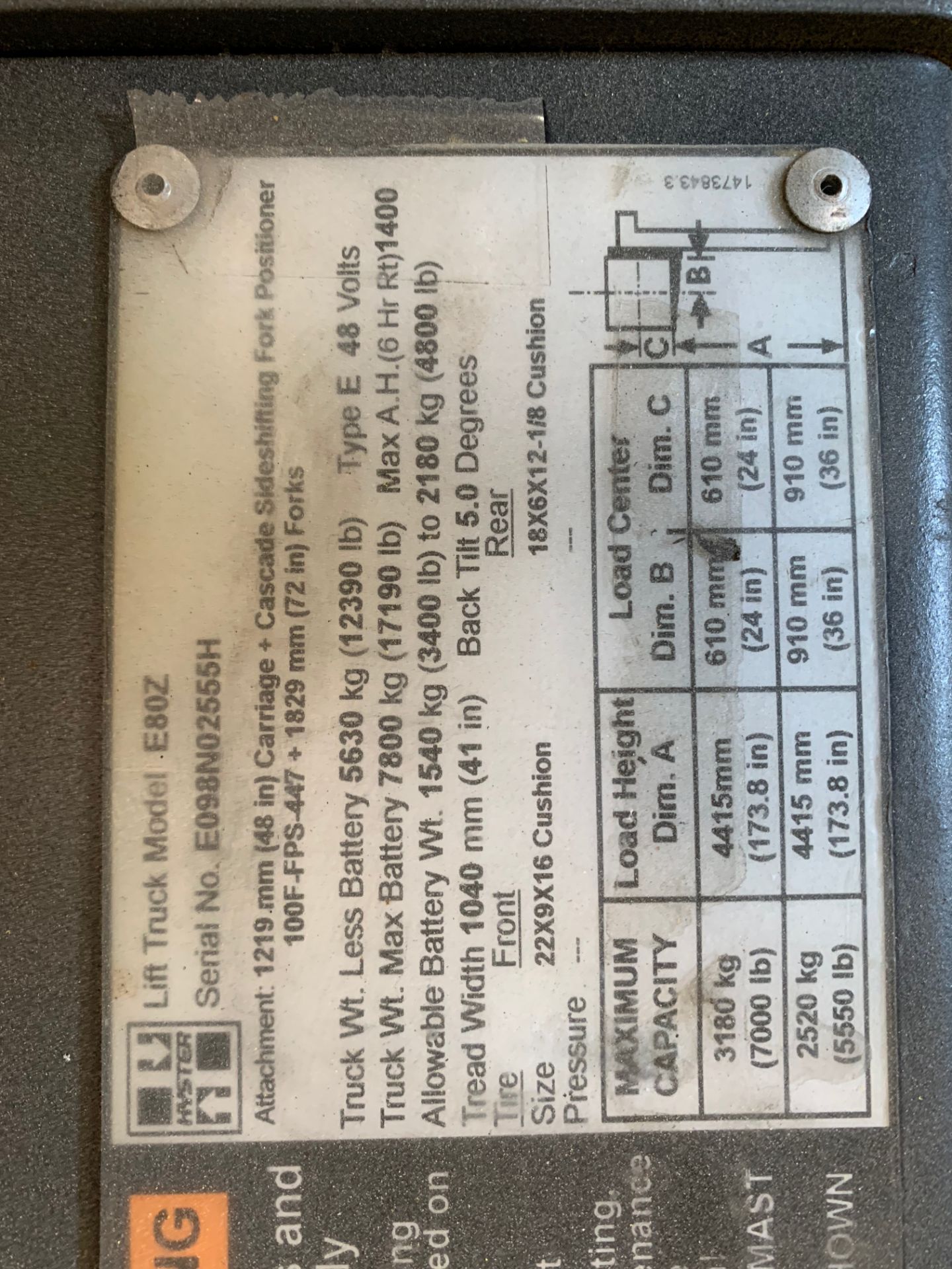 2010 HYSTER 8,000-LB CAPACITY FORKLIFT CHASSIS ONLY, MODEL: E80Z, SIDESHIFT, 48 VOLT, (NO BATTERY) - Image 7 of 10