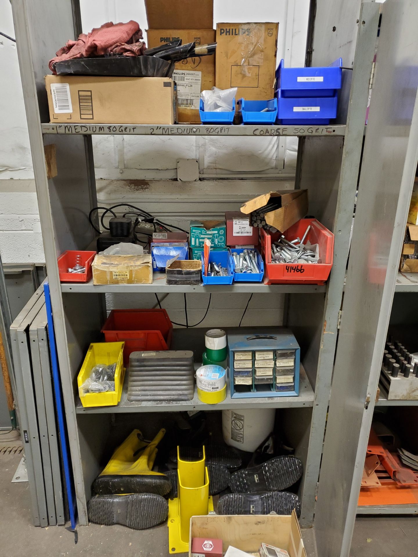 SHELVING UNIT W/ CONTENTS, RESPIRATOR, FILTERS, GLOVES, SAFETY STRAPS, MEDICAL WASTE BOX, BOOTS, - Image 10 of 12