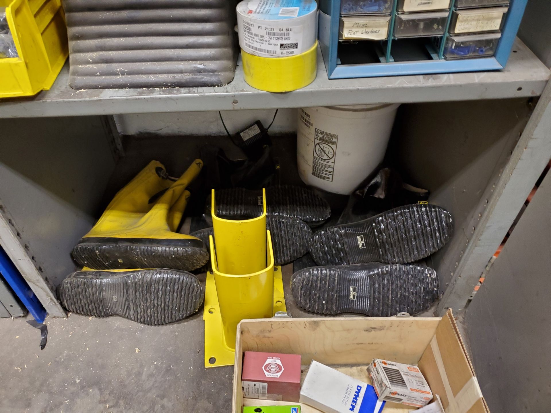 SHELVING UNIT W/ CONTENTS, RESPIRATOR, FILTERS, GLOVES, SAFETY STRAPS, MEDICAL WASTE BOX, BOOTS, - Image 11 of 12