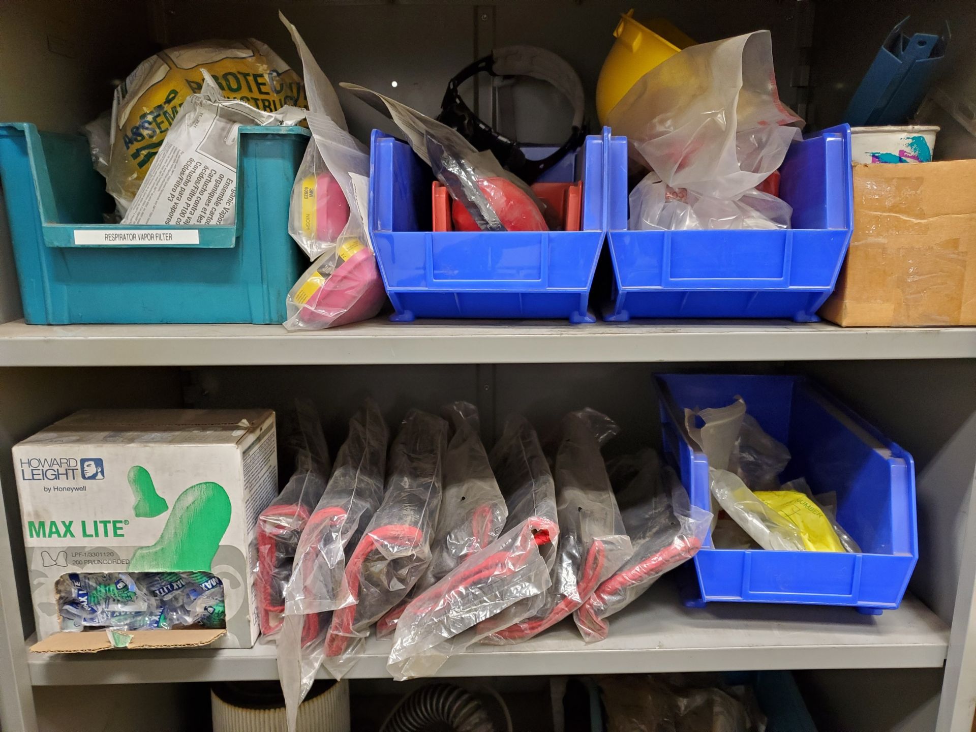 SHELVING UNIT W/ CONTENTS, RESPIRATOR, FILTERS, GLOVES, SAFETY STRAPS, MEDICAL WASTE BOX, BOOTS, - Image 2 of 12