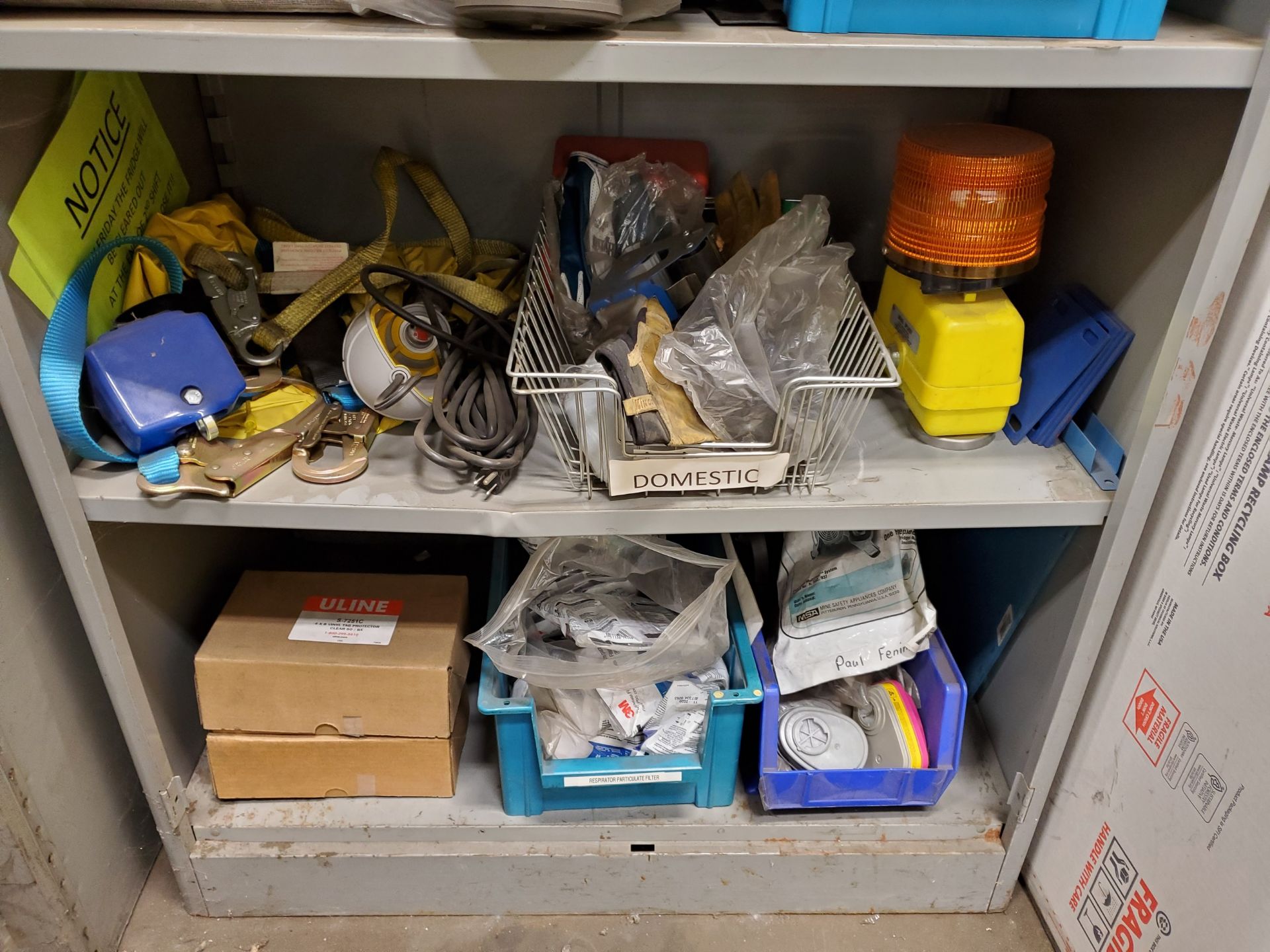 SHELVING UNIT W/ CONTENTS, RESPIRATOR, FILTERS, GLOVES, SAFETY STRAPS, MEDICAL WASTE BOX, BOOTS, - Image 4 of 12