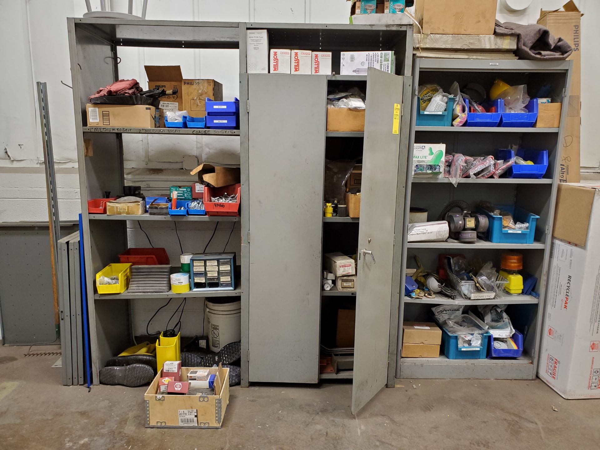 SHELVING UNIT W/ CONTENTS, RESPIRATOR, FILTERS, GLOVES, SAFETY STRAPS, MEDICAL WASTE BOX, BOOTS,