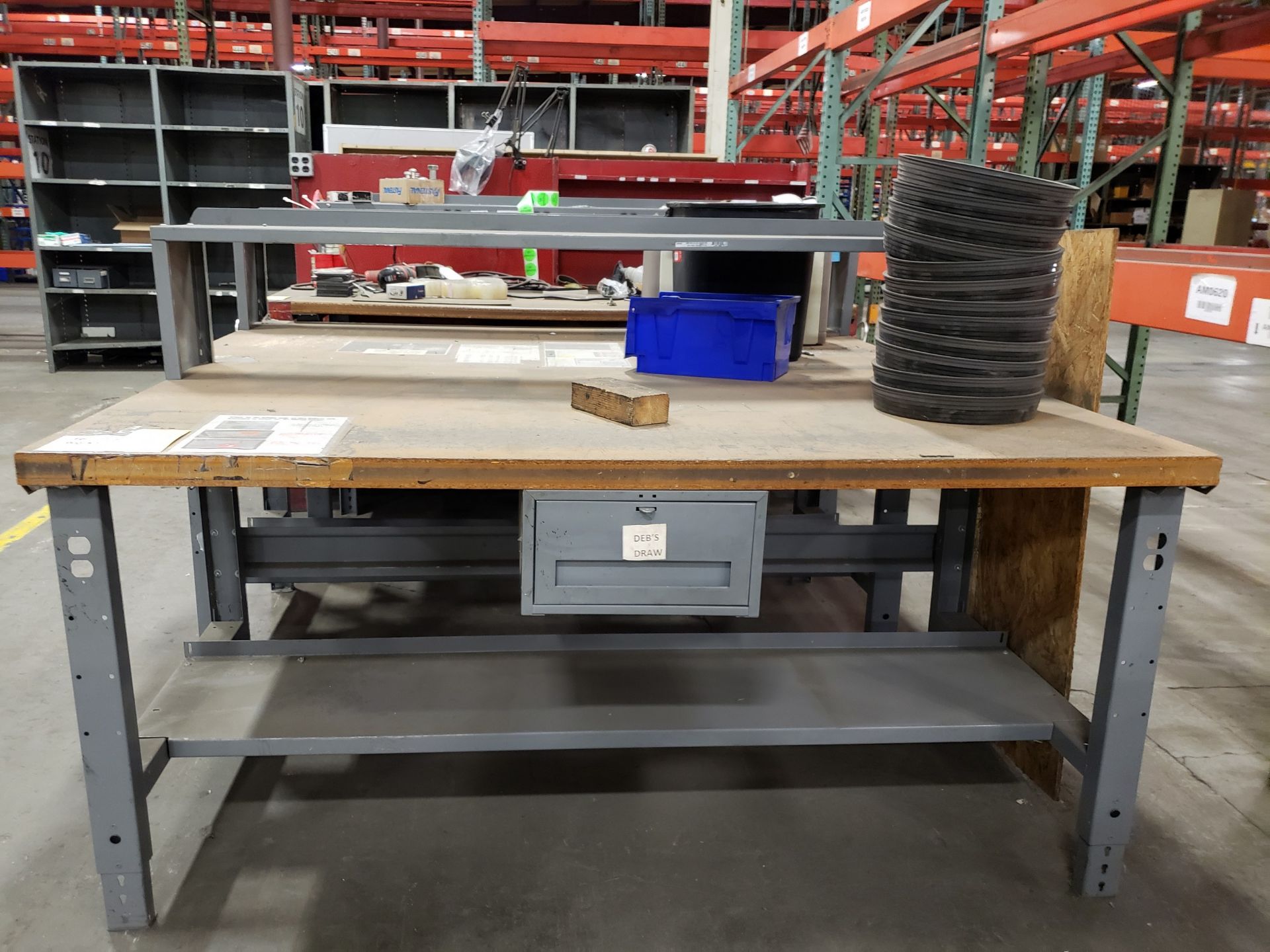 (3) WOOD TOP WORKBENCHES 36'' X 34'' X 6'; (1) HAS POWER OUTLETS