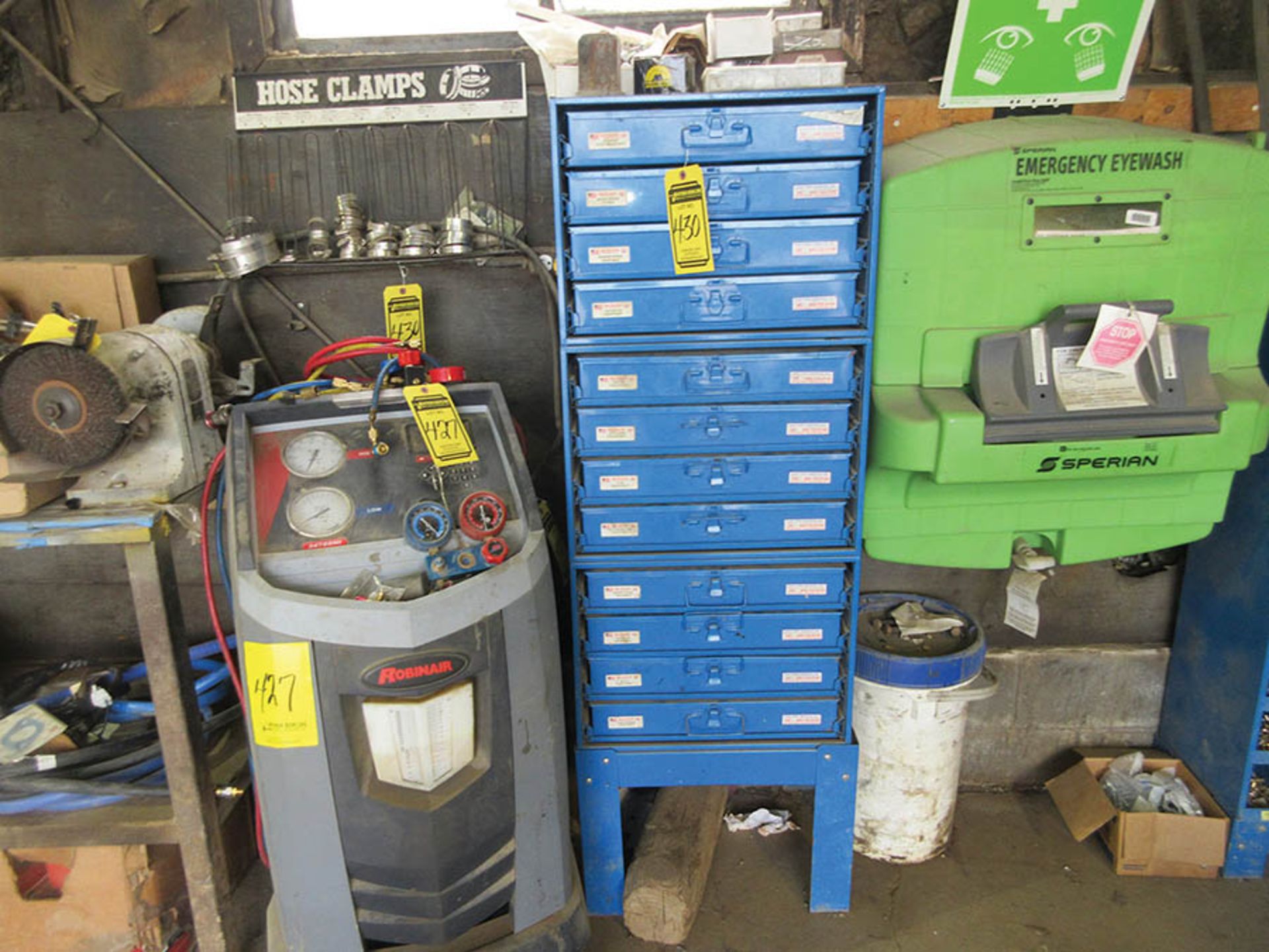 BOLT BINS W/ HARDWARE, WORKBENCH W/ DOUBLE END BENCH GRINDER, FOREMANS DESK W/ AUTOMOTIVE - Image 4 of 10