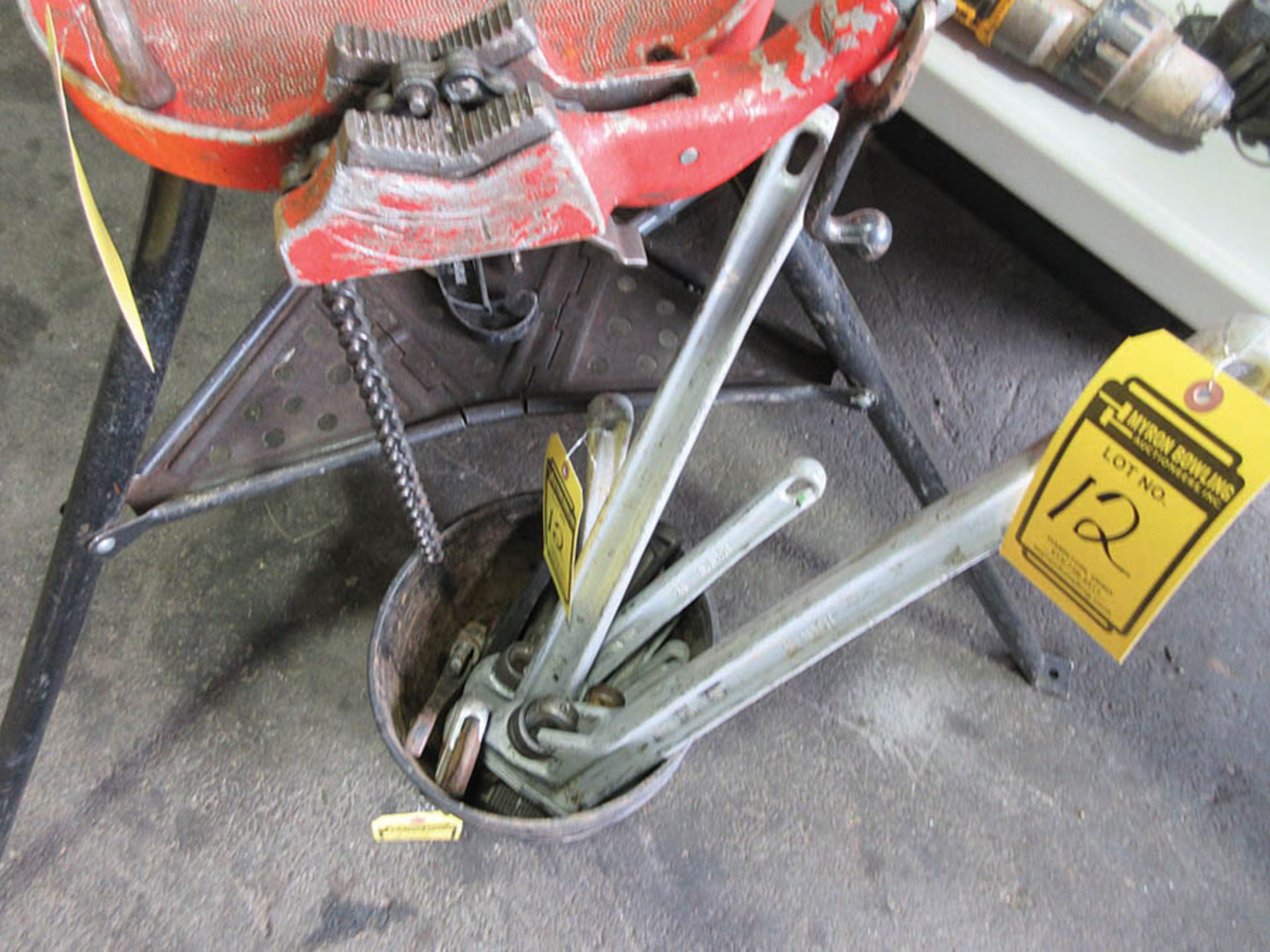 RIDGID TRI-STAND 1/8'' - 6'', BUCKET OF ASSORTED PIPE WRENCHES & 8'' PIPE VISE - Image 2 of 3