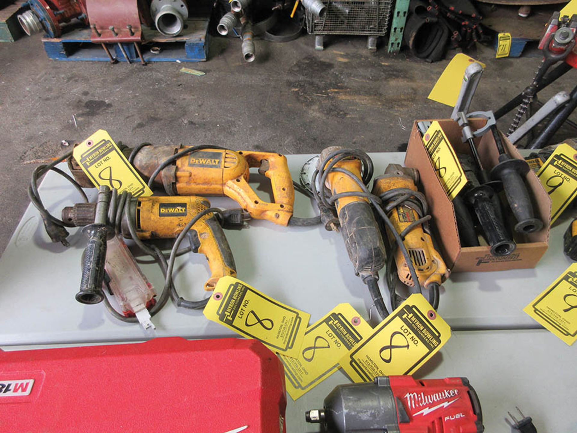 DEWALT TOOLS: RECIPROCATING SAW, 3/8'' DRILL, (2) ANGLE GRINDERS, BOX OF HANDLES, AND GUARDS