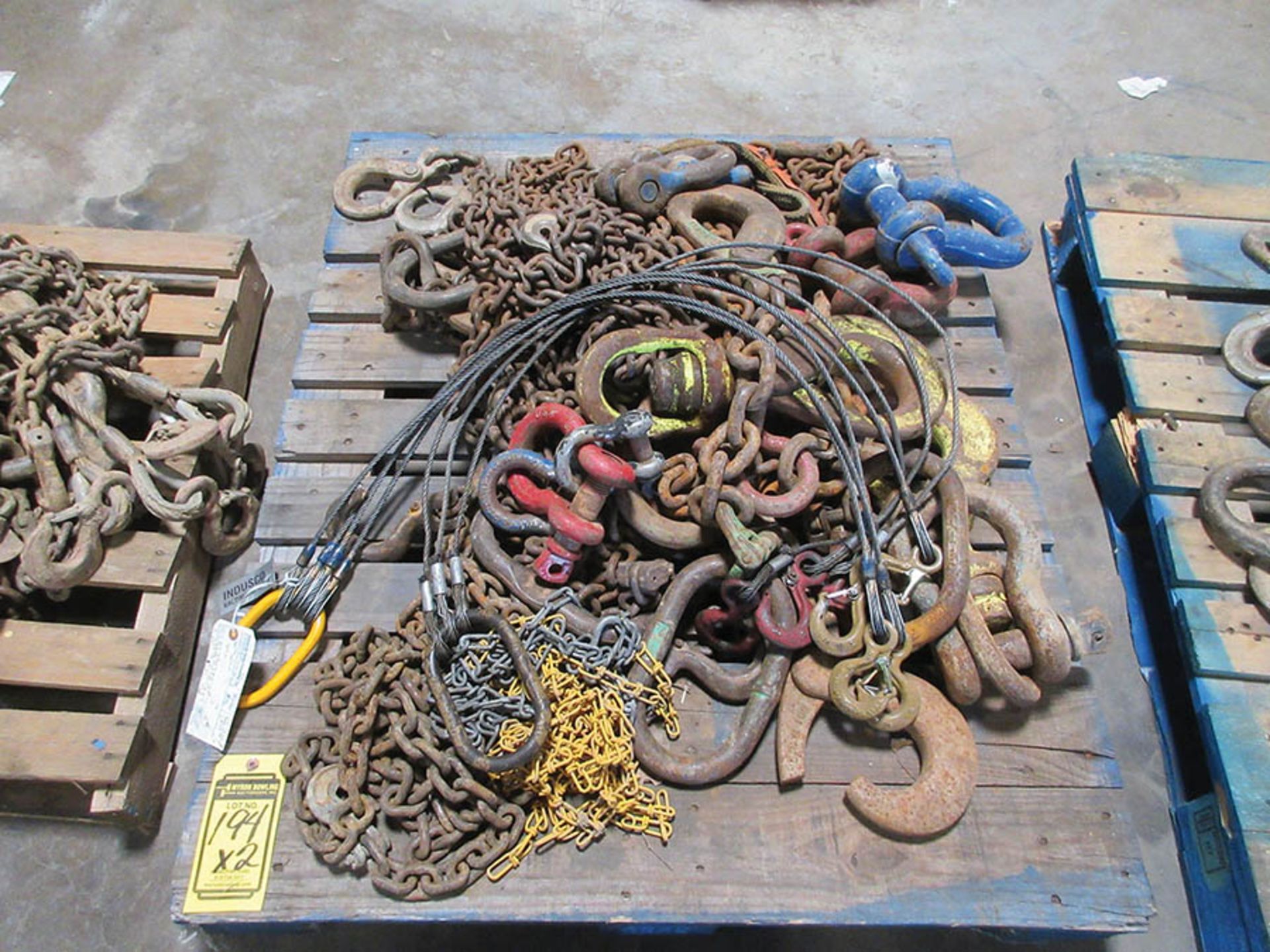 (2) PALLETS W/ ASSORTED CLEVISES, HOOKS, SPREADER CHAINS, AND CABLES