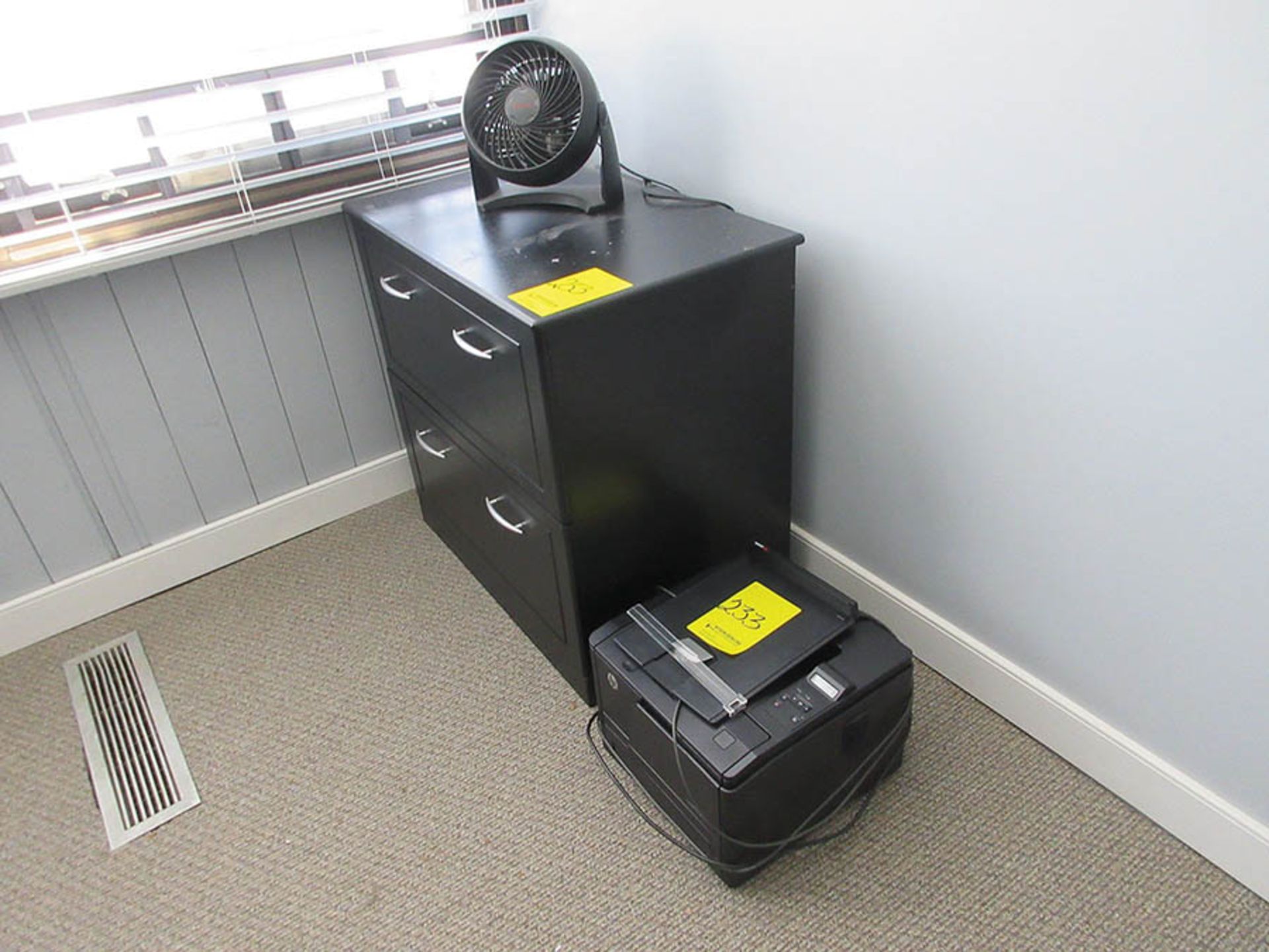 CORNER DESK, CABINET, BOOKCASE, (2) PRINTERS, AND PERSONAL HEATER - Image 2 of 3