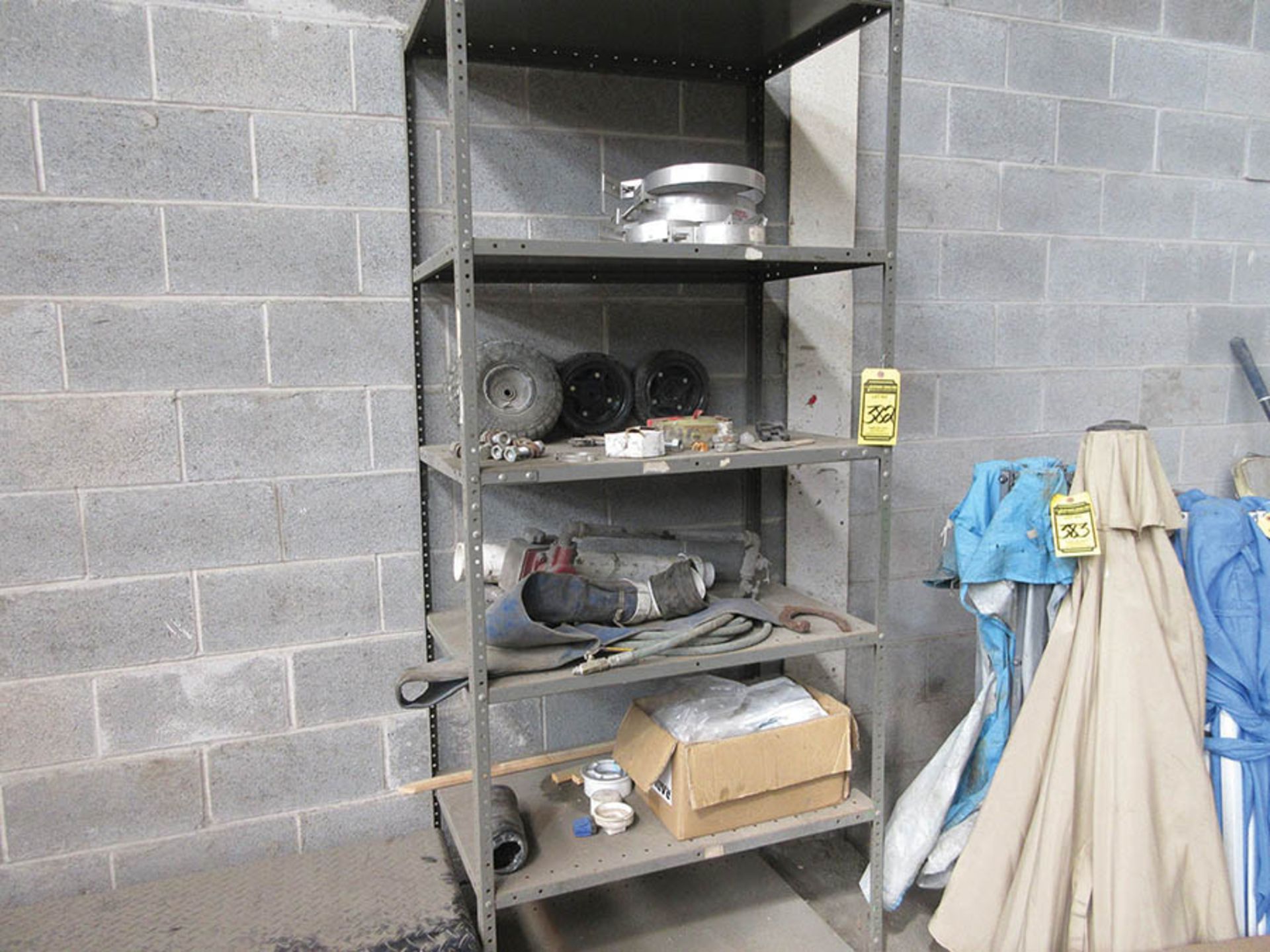 (2) SHELF UNITS W/ COUPLINGS, HANGERS, WORKBENCH W/ GARDEN HOSE, AIR HOSE, AND ASSORTED PRESSURE - Image 3 of 3