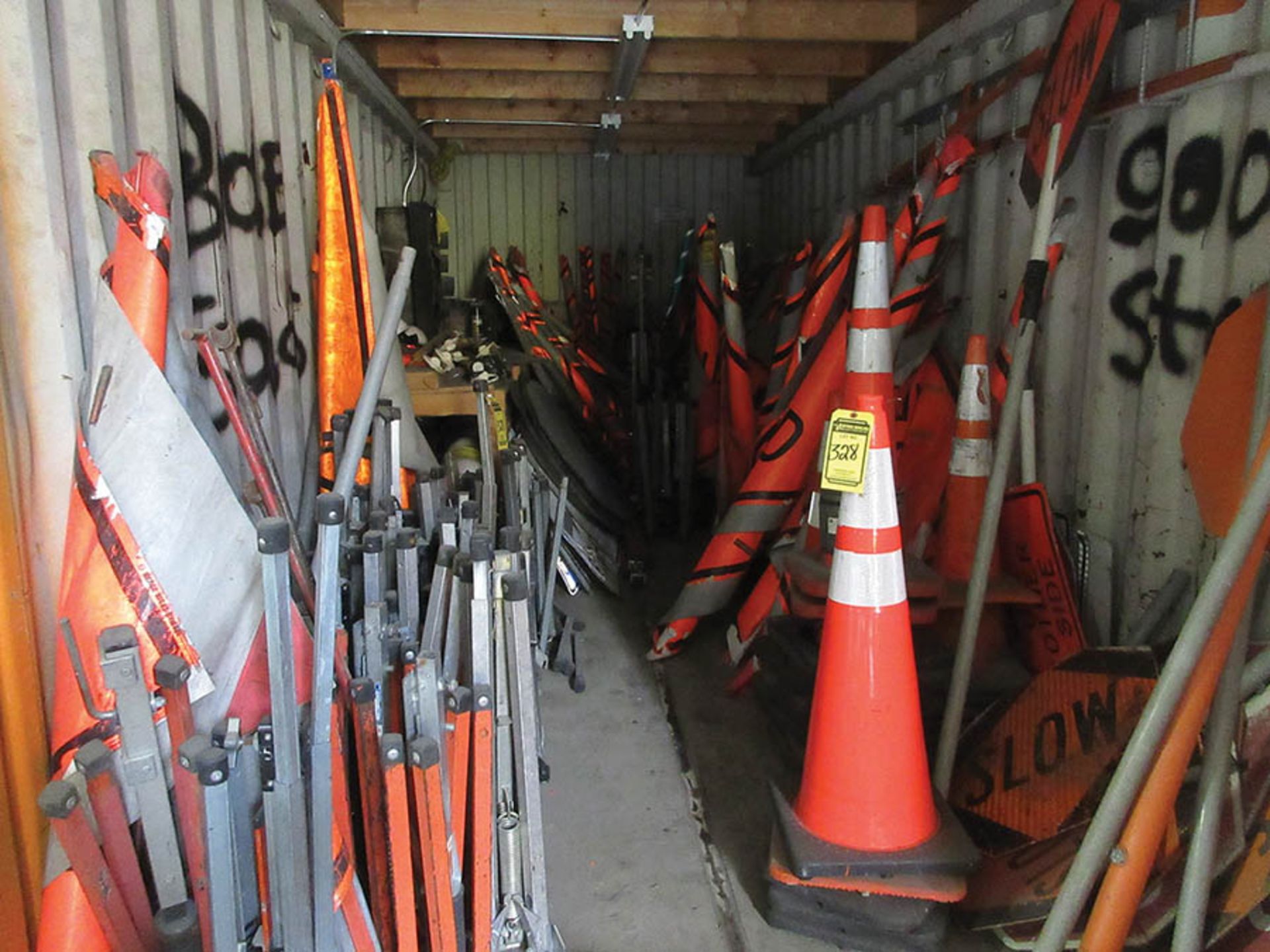 CONTENTS INSIDE & ON TOP OF CONTAINER: BARREL BASES, CONES, HAND-HELD SIGNS, COMPACT STANDS, BANNERS - Image 3 of 5