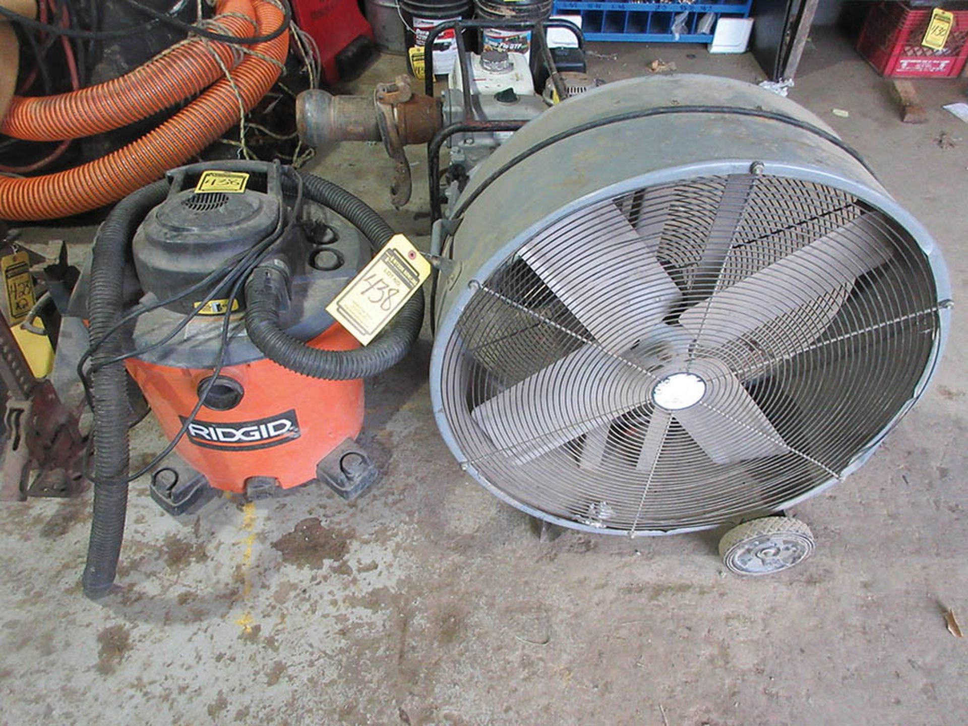 SHOP FAN, RIDGID SHOP VAC, AND 8' MICHIGAN FIBERGLASS STEP LADDER