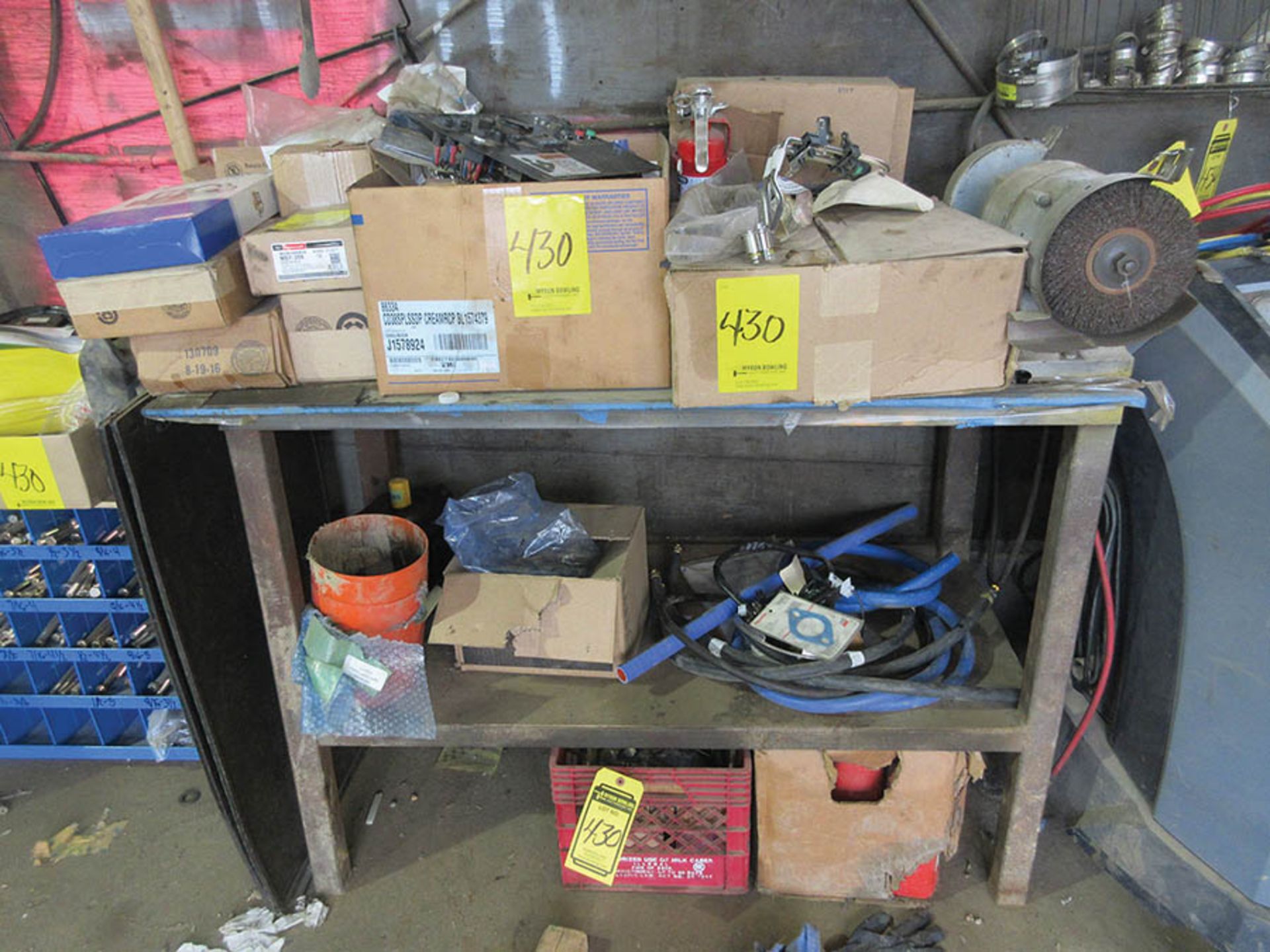 BOLT BINS W/ HARDWARE, WORKBENCH W/ DOUBLE END BENCH GRINDER, FOREMANS DESK W/ AUTOMOTIVE - Image 9 of 10