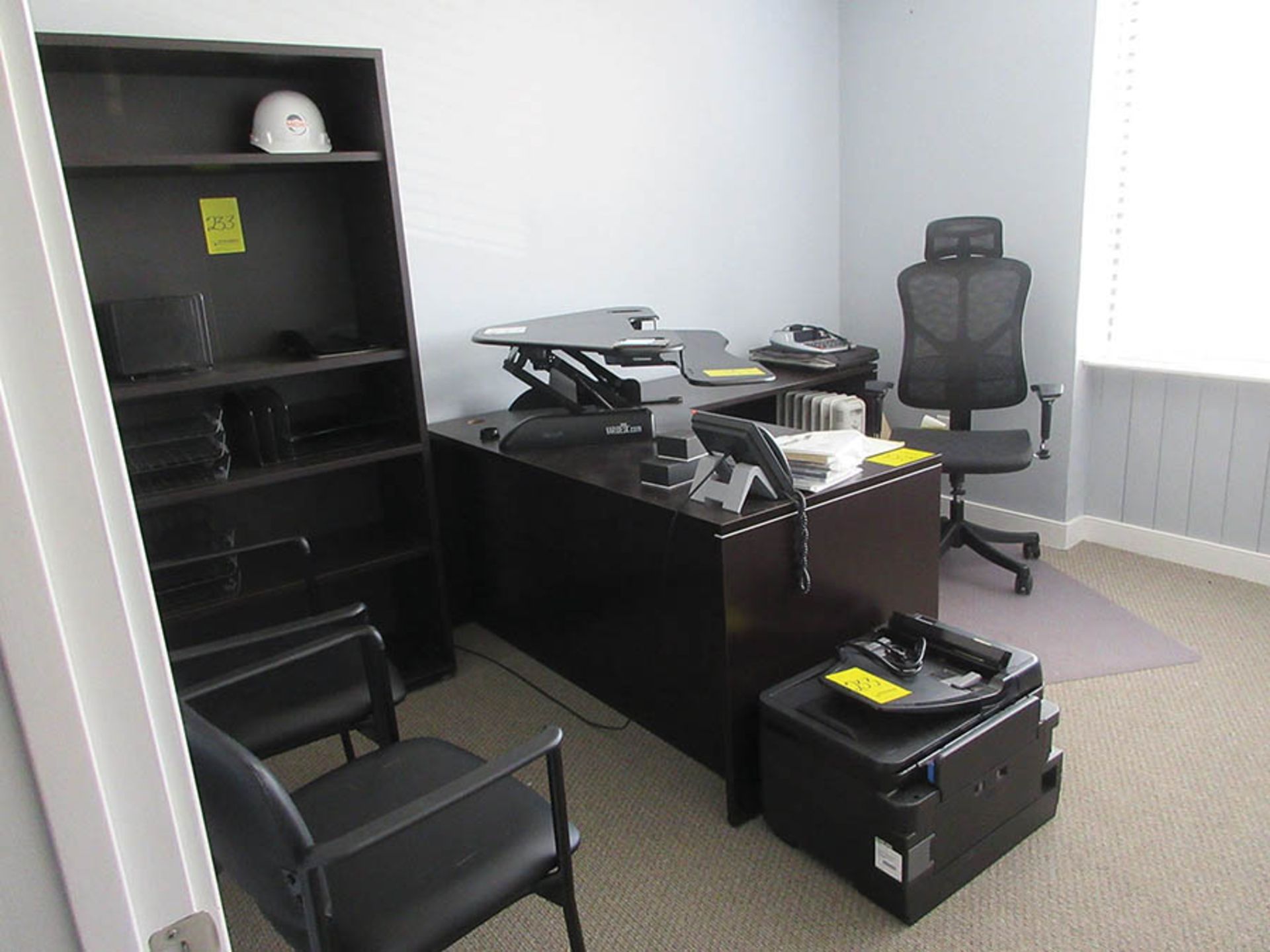 CORNER DESK, CABINET, BOOKCASE, (2) PRINTERS, AND PERSONAL HEATER