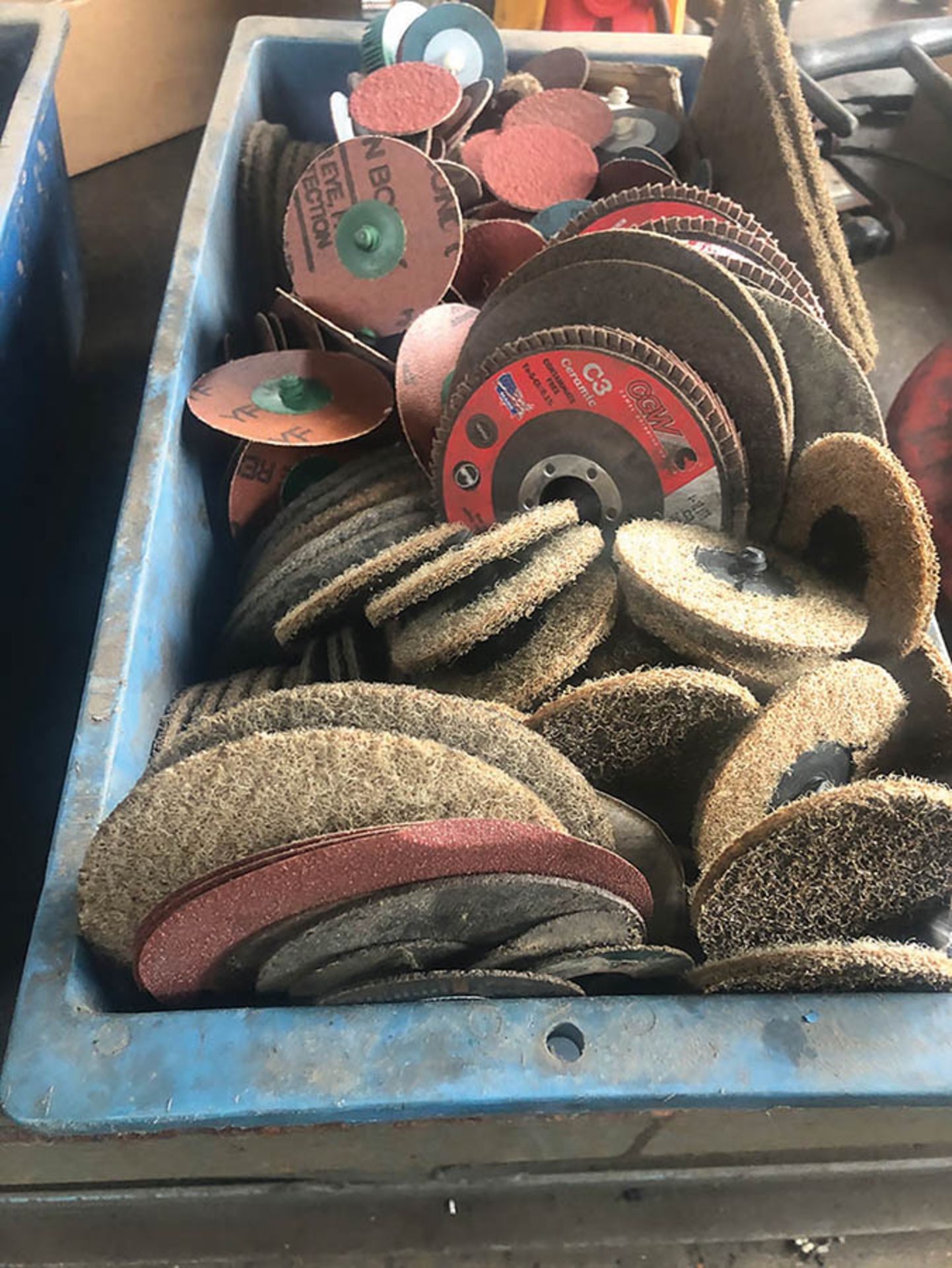 ASSORTED GRINDING WHEELS, SANDING WHEELS, AND SANDING PAPER