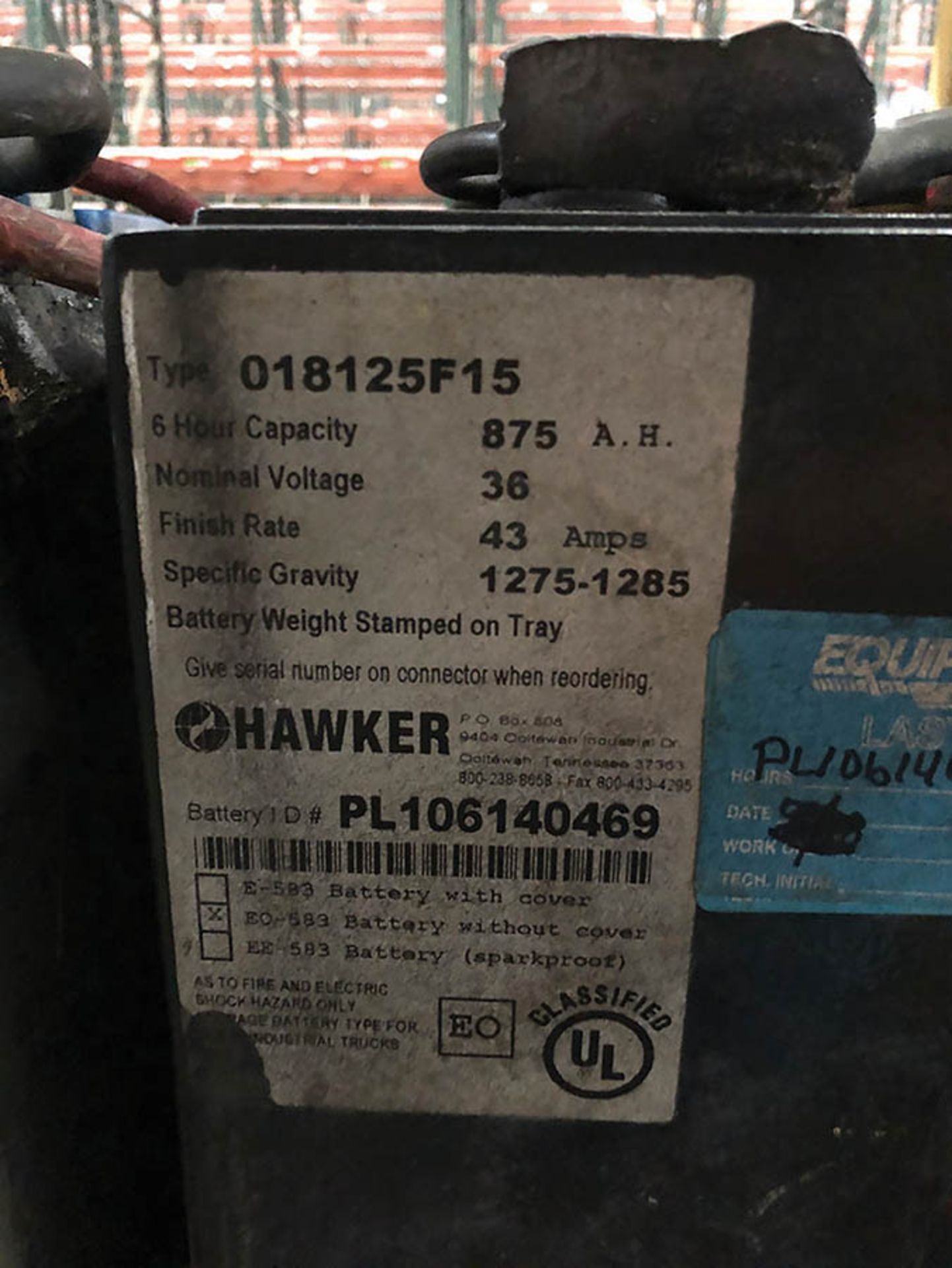 HAWKER 36 V BATTERY APPROXIMATE WEIGHT 2410 LBS - Image 3 of 3