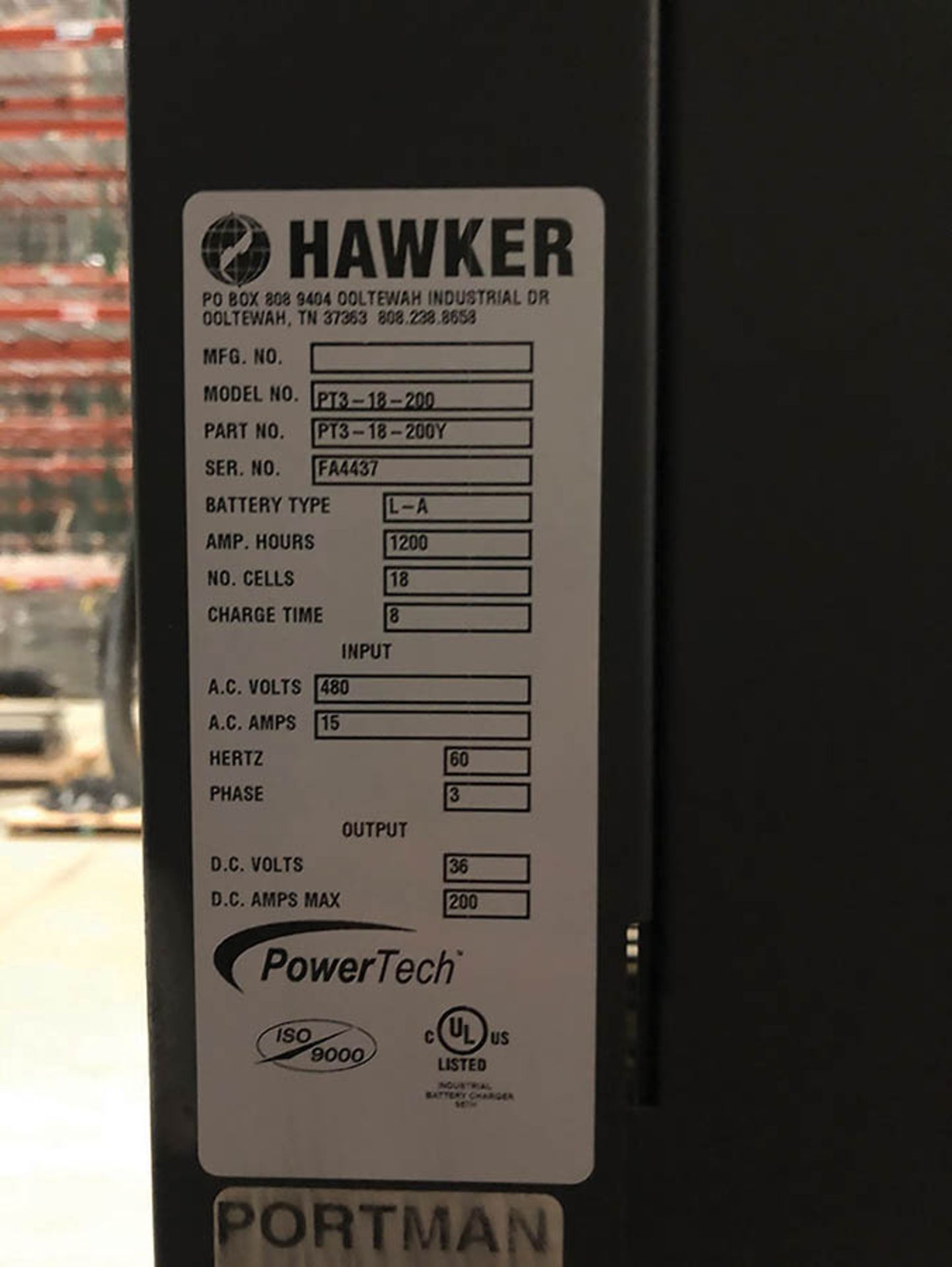 HAWKER POWER TECH BATTERY CHARGER HIGH FREQUENCY INTELLICHARGER MODEL# PTS-18-200, BATTERY TYPE - Image 3 of 3