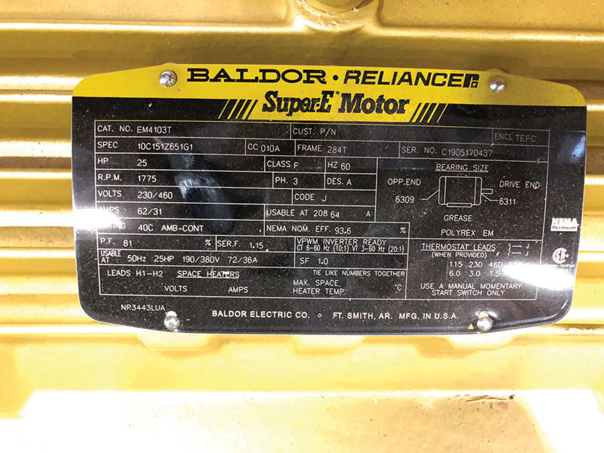 BALDOR RELIANCE SUPER E 25 HP MOTOR, 3 PHASE, 1775 RPM, 230/460V, FRAME 284T - Image 3 of 3