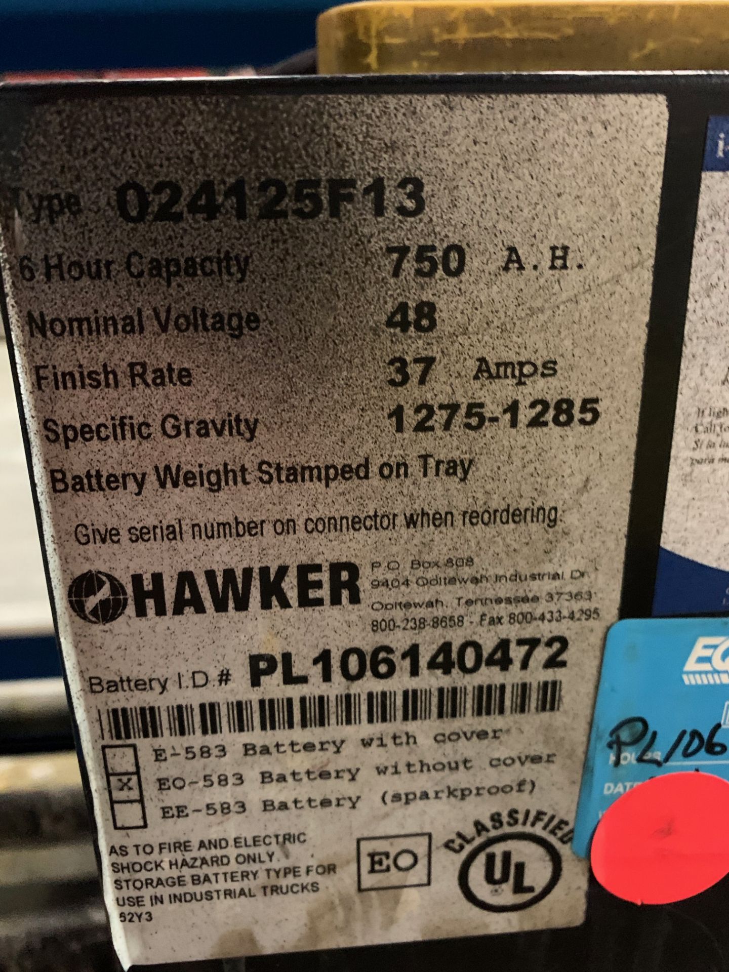 HAWKER BATTERY 48 VOLT APPROXIMATE WEIGHT 2880 LBS - Image 2 of 2