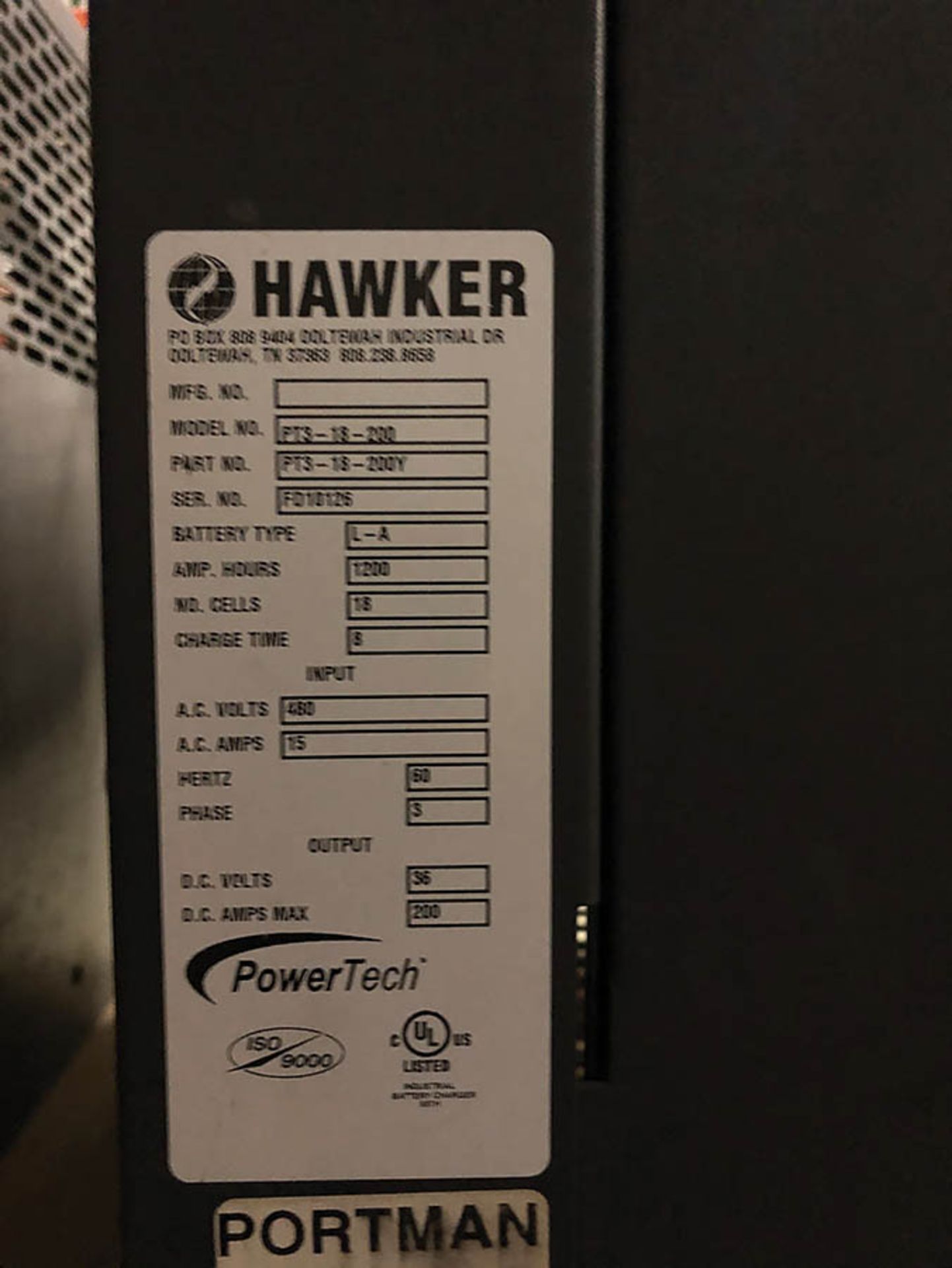 HAWKER POWER TECH BATTERY CHARGER HIGH FREQUENCY INTELLICHARGER MODEL # PTS-18-200, BATTERY TYPE LA, - Image 3 of 3