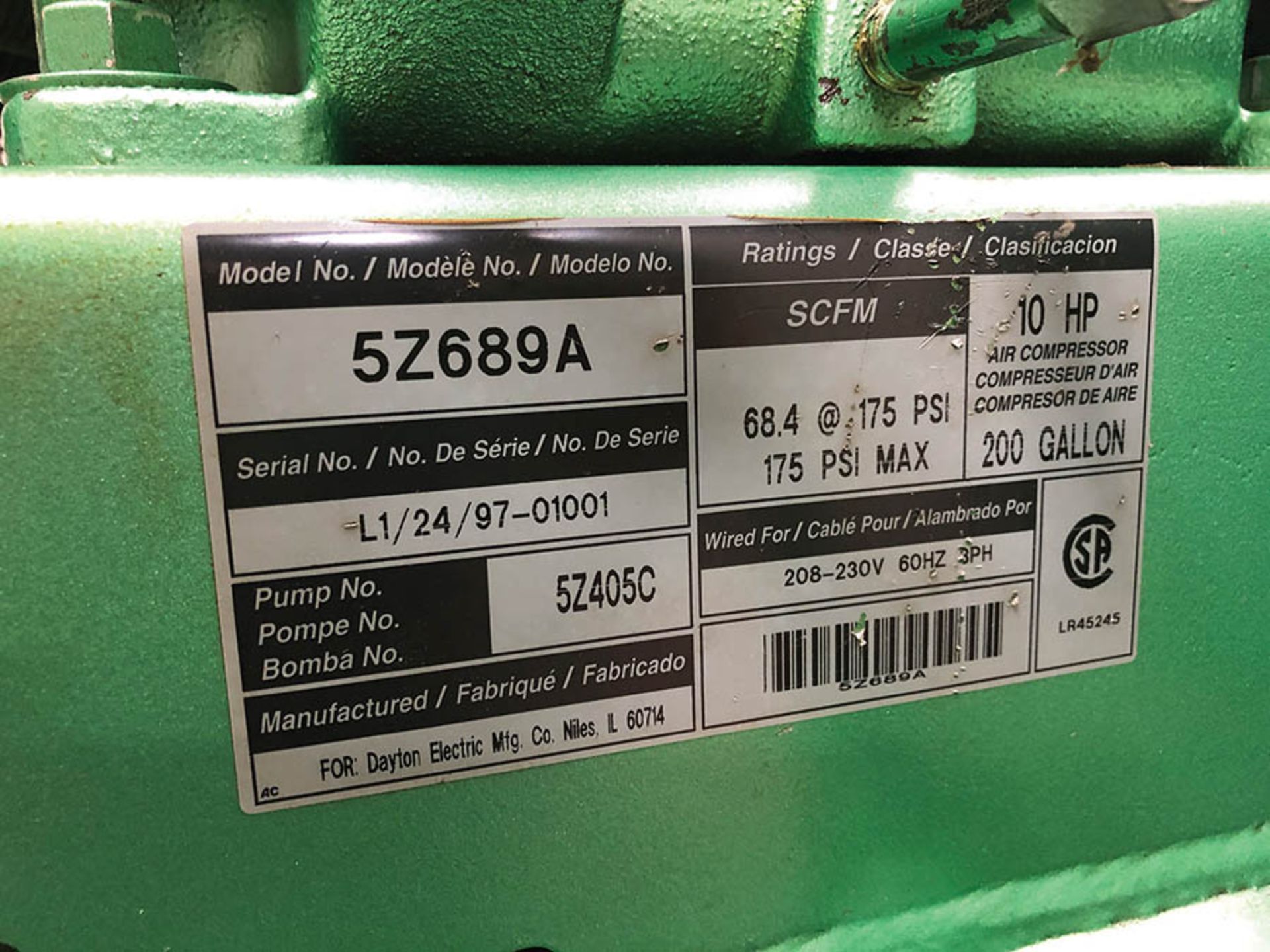 GREEN SPEEDAIRE HORIZONTAL AIR COMPRESSOR, MODEL 5Z689A, 175 MAX PSI, 584 SCFM, 200 GALLON - Image 4 of 7