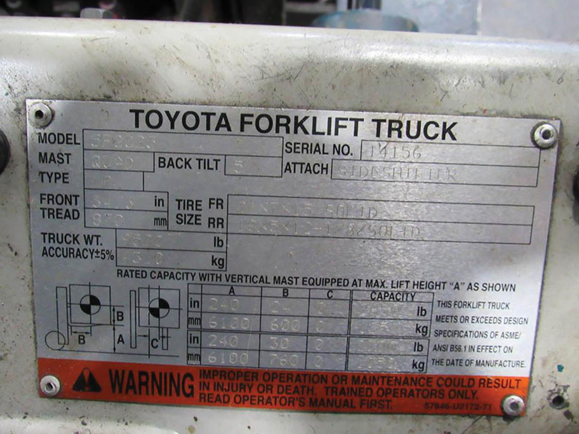 TOYOTA 2,650-LB. LP FORKLIFT MODEL 5FGC25, S/N 14156, SOLID TIRES, OVERHEAD GUARD, 240'' LIFT, 3- - Image 6 of 6