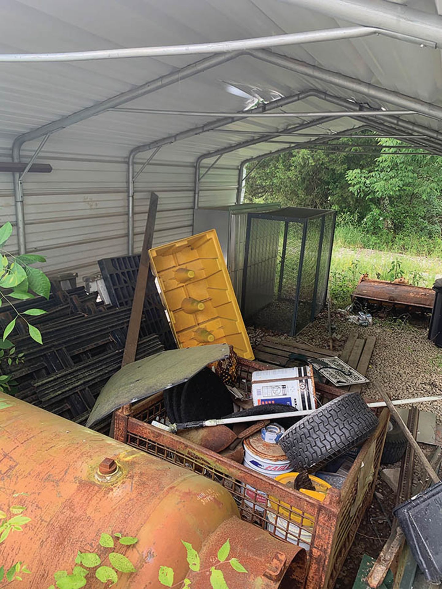 CONTENTS OF SHED INCLUDING PTO DRIVEN 36'' ROTOTILLER, STAKEBED SIDES, BUILDING LOUVER