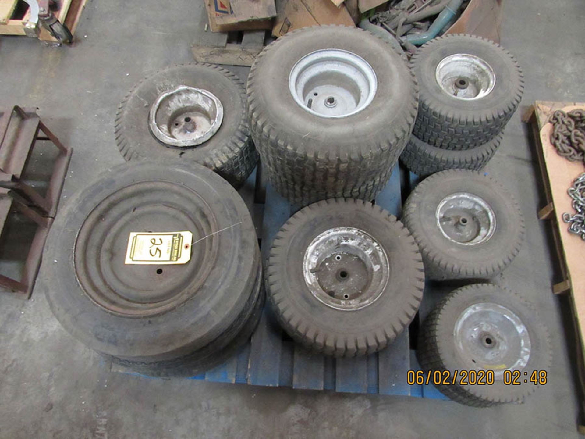 CAR RAMPS, ASSORTED LAWN MOWER TIRES W/ WHEELS 13 X 5 X 6 - 20 X 8 X 8 - 4.80 X 12 - Image 6 of 6