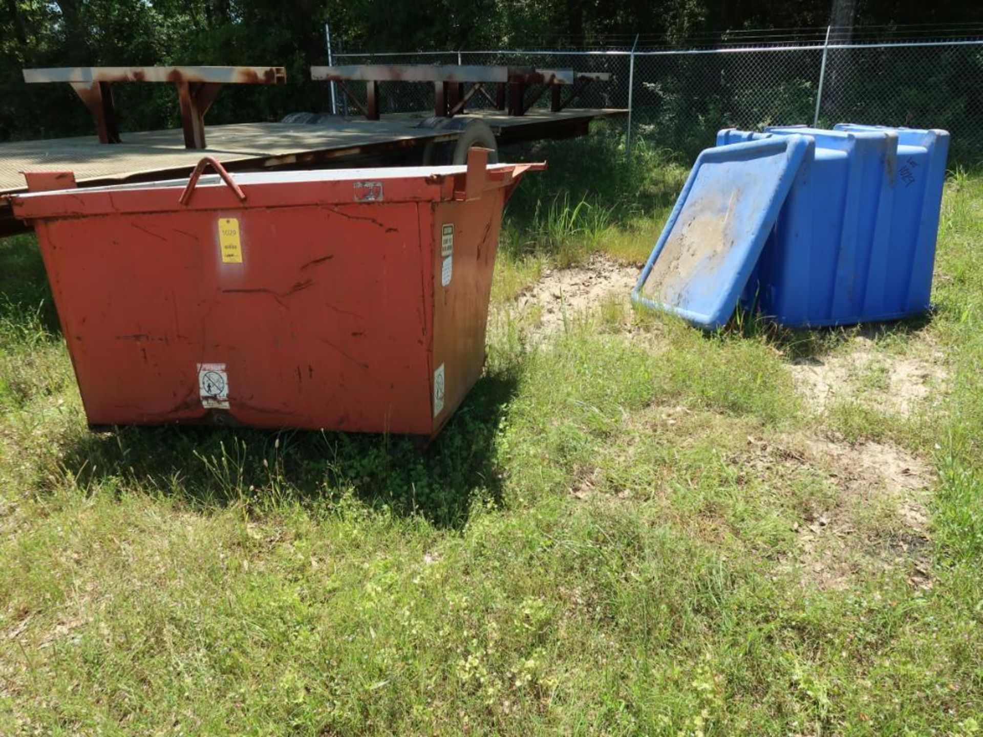 (LOT) WITH (3) ASSORTED SELF-DUMPING HOPPERS AND (1) PLASTIC TOTE W/ COVER (LOCATED IN YARD) - Image 2 of 2