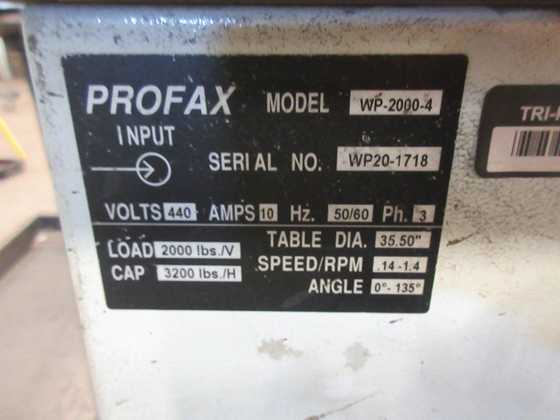 PROFAX WELDING POSITIONER, MODEL: WP-2000-4, LOAD 2000 LBS./V, CAP 3200 LBS./H, TABLE DIA. 35. - Image 4 of 4