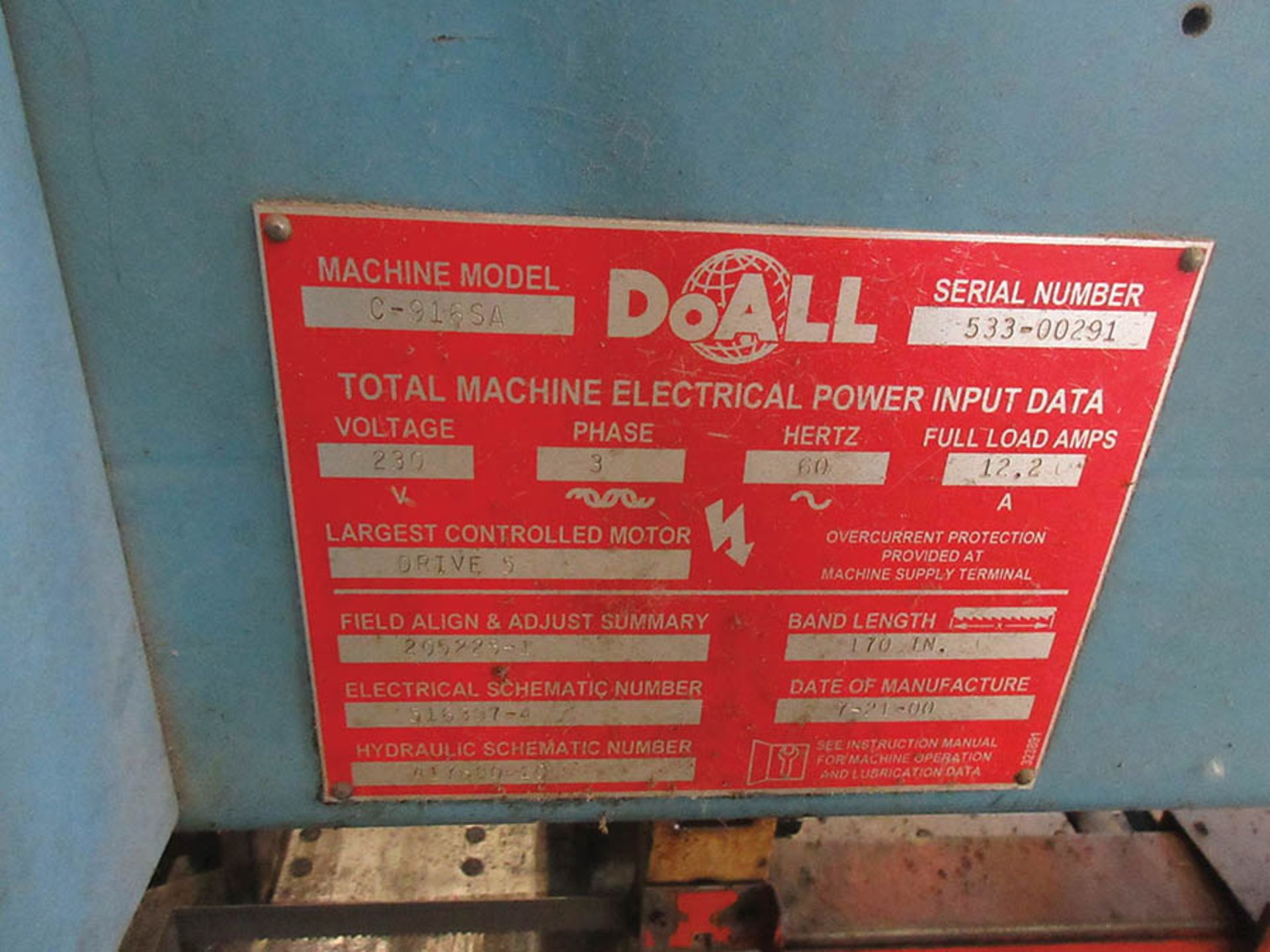 DOALL C-916SA AUTOMATIC HORIZONTAL BAND SAW WITH LAYOUT TABLE, BAND LENGTH 170'' IN, 230V/ 3 - Image 7 of 9