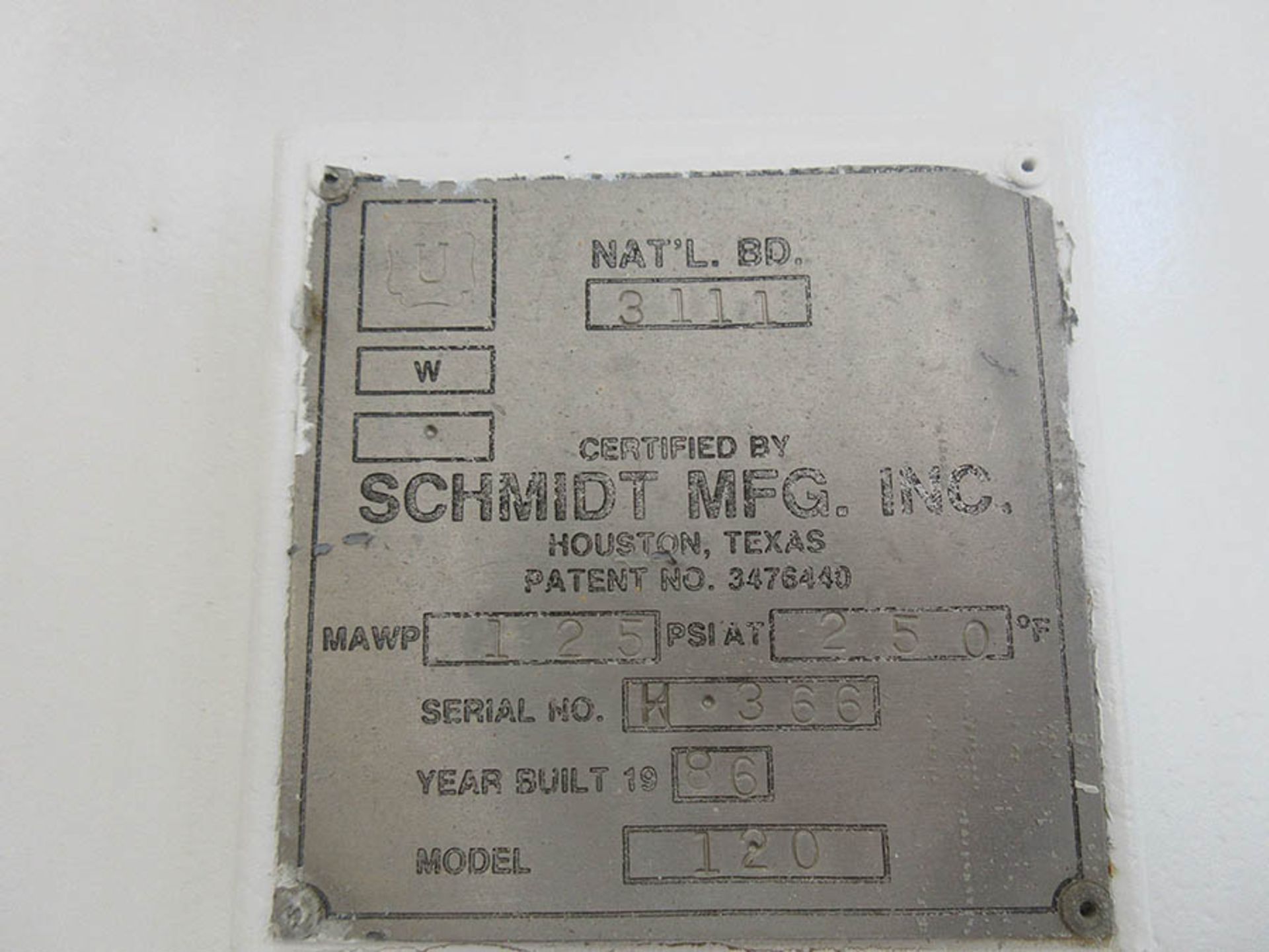 SCHMIDT 120 BULK BLAST MACHINE, MAWP 125 PSI AT 250 F, YEAR 1986, S/N: H-366, (LOCATION: 3220 ERIE - Image 6 of 6