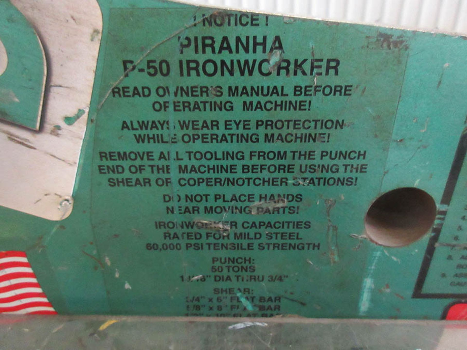 PIRANHA P-50 HYDRAULIC IRONWORKER, PUNCH: 50 TONS, S/N: P5013019, (BUILDING IN BACK) - Image 4 of 4