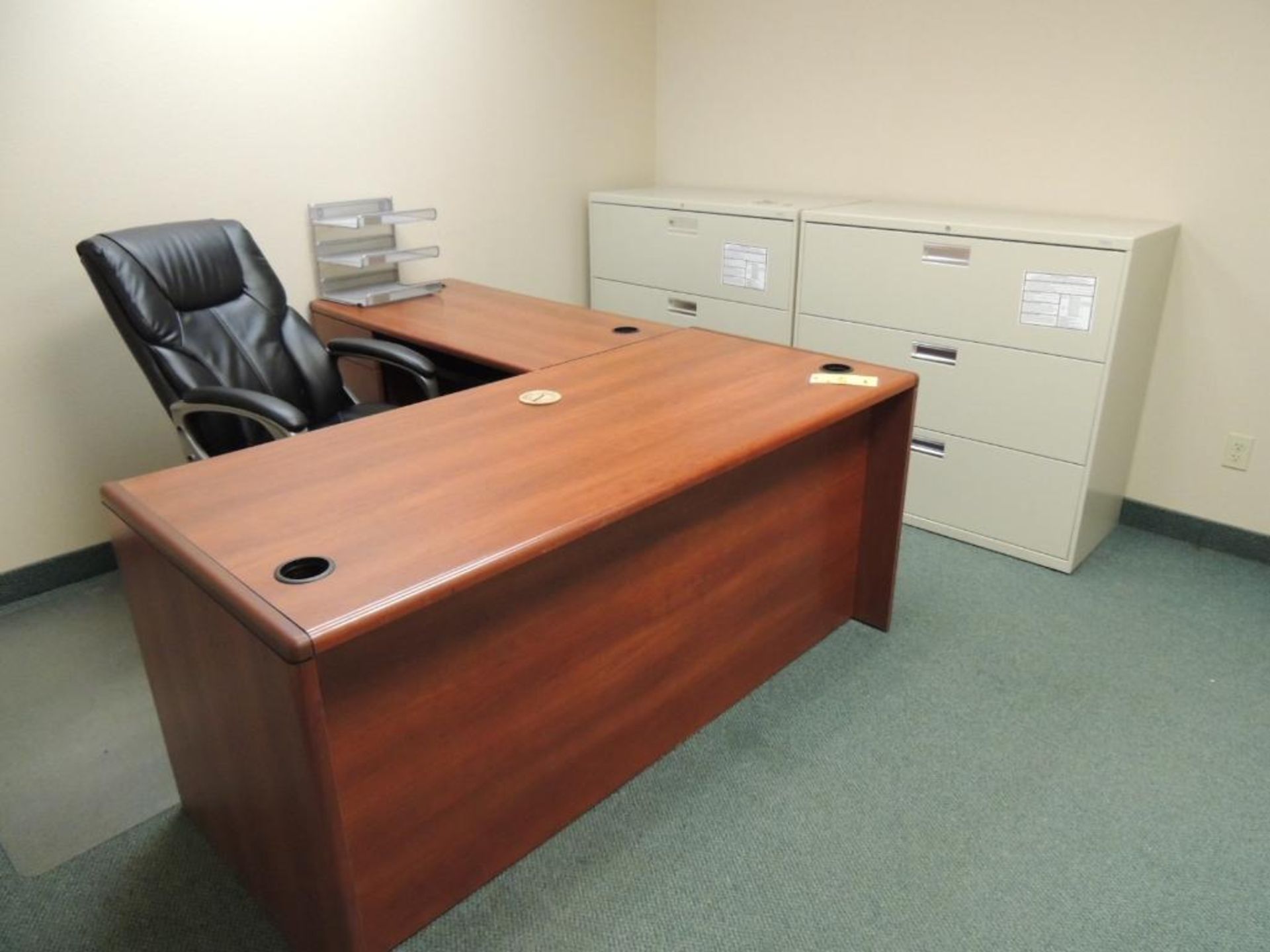 (2) STRAIGHT DESKS, (1) L DESK, CHAIRS, FILE CABINETS - Image 3 of 3