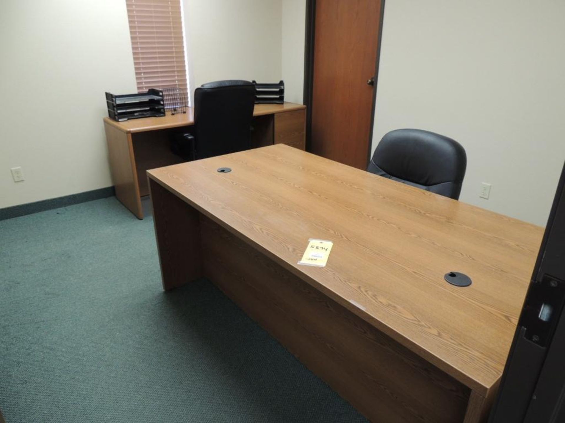 (2) STRAIGHT DESKS, (1) L DESK, CHAIRS, FILE CABINETS