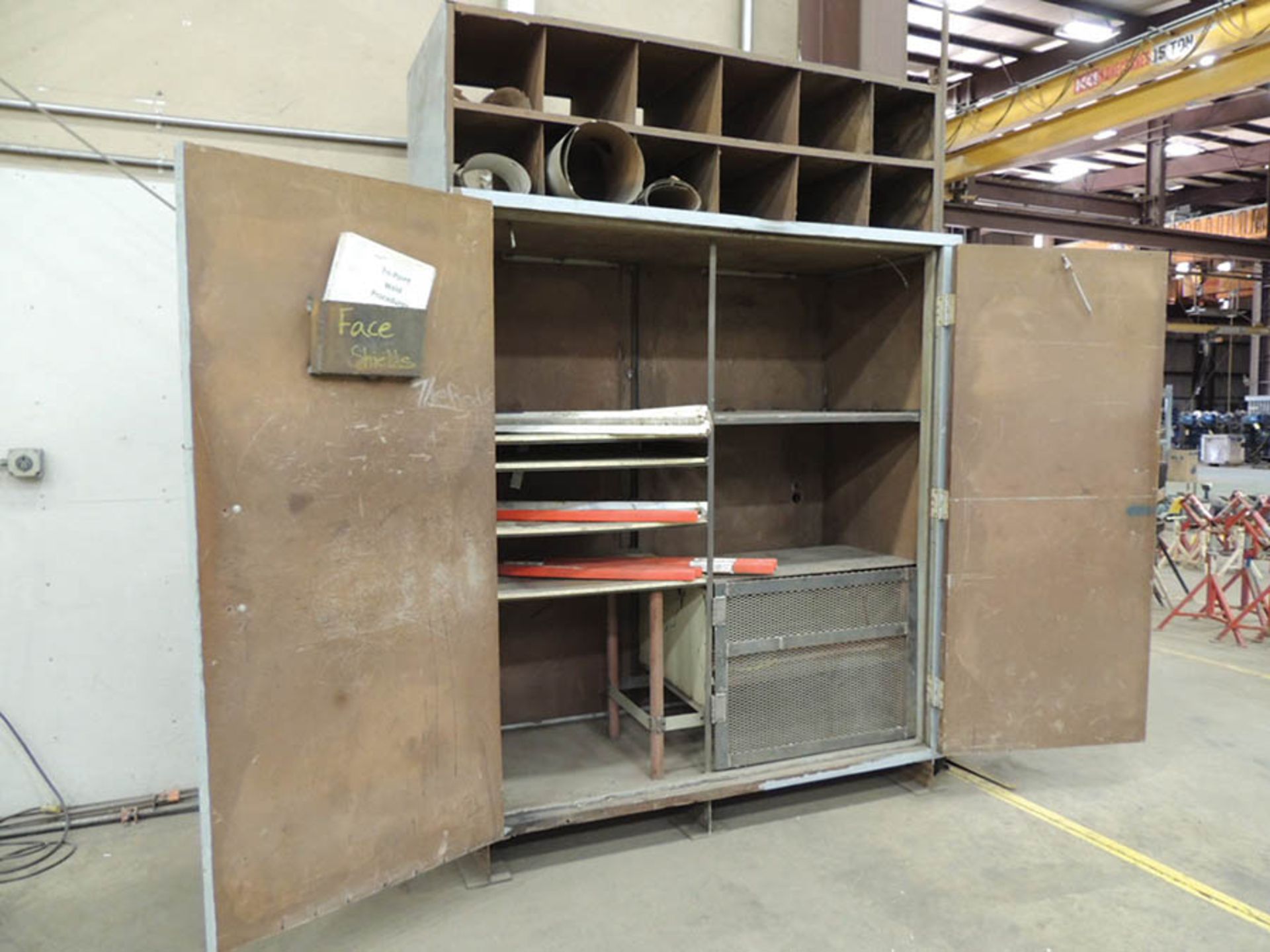 (2) STEEL CABINETS WITH H & M PIPE BEVELING MACHINE, MISC. GRINDING DISCS, CUTOFF WHEELS, WELDING - Image 9 of 10