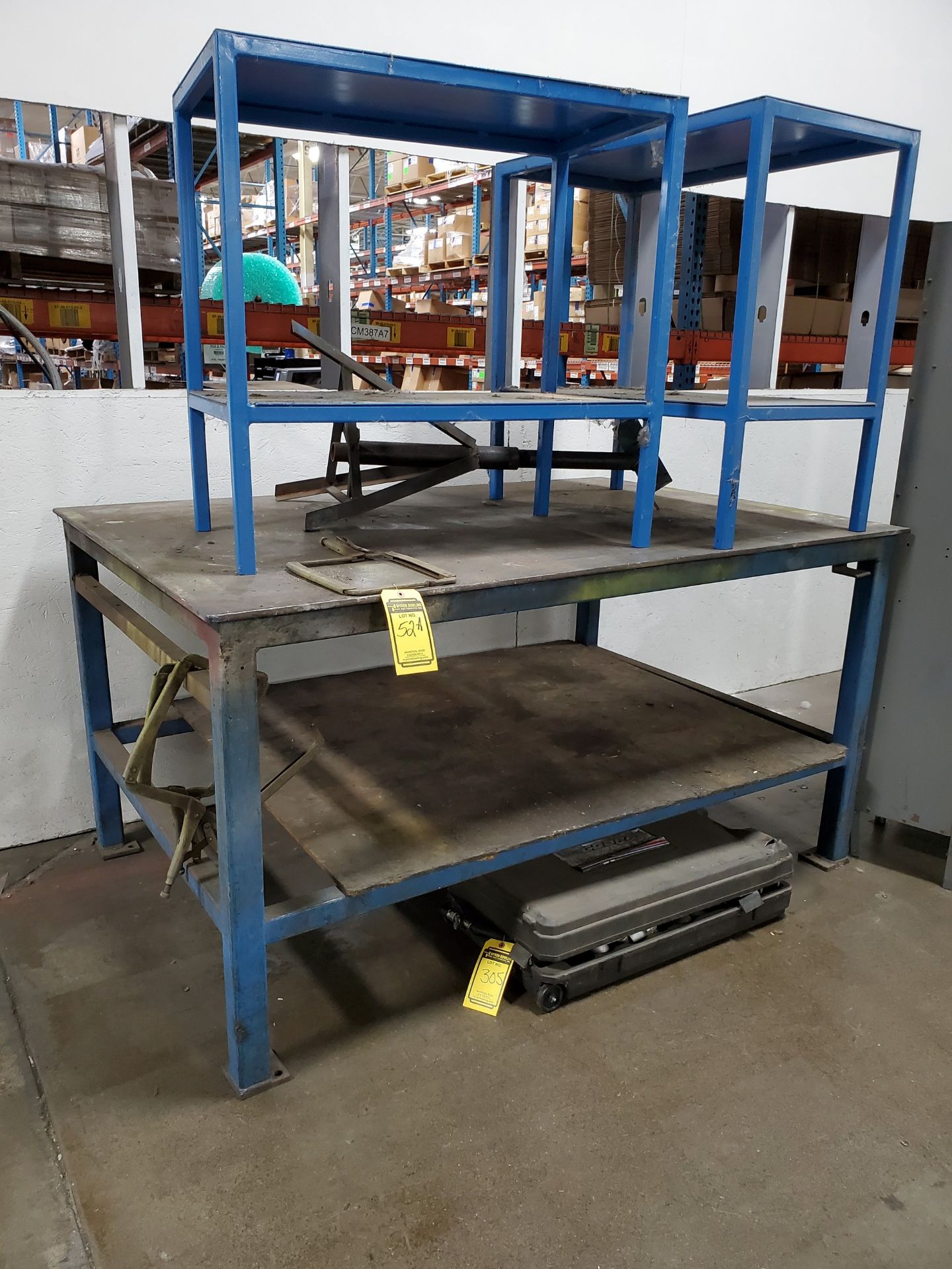 72'` X 48'` X 1 «'` STEEL WELDING TABLE (3) PIPE STANDS, (2) STEEL TABLES
