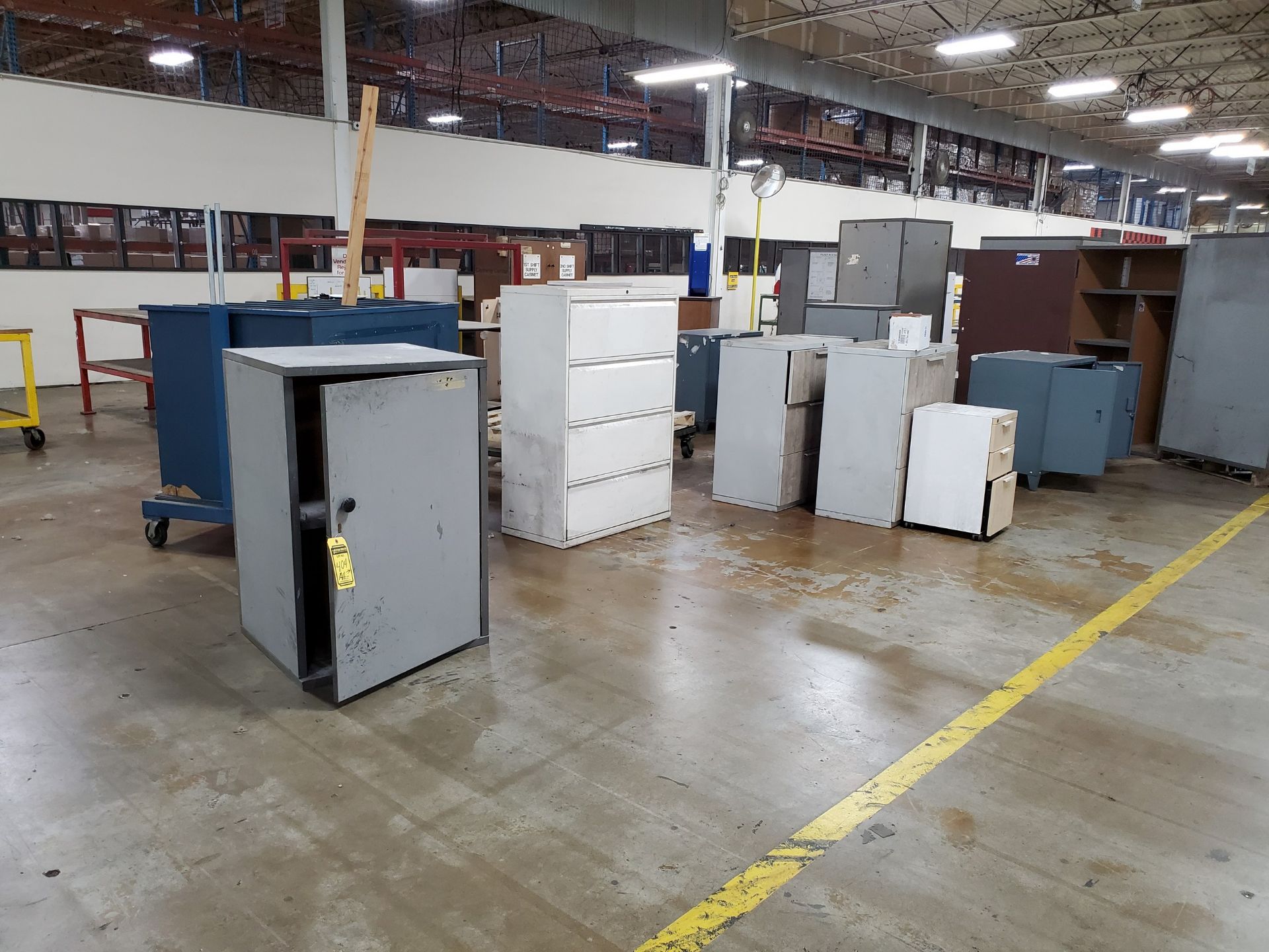 (BIG LOT) OF STEEL FRAME TABLES, FILE CABINETS, WOOD CABINETS, CART, STEEL RACK