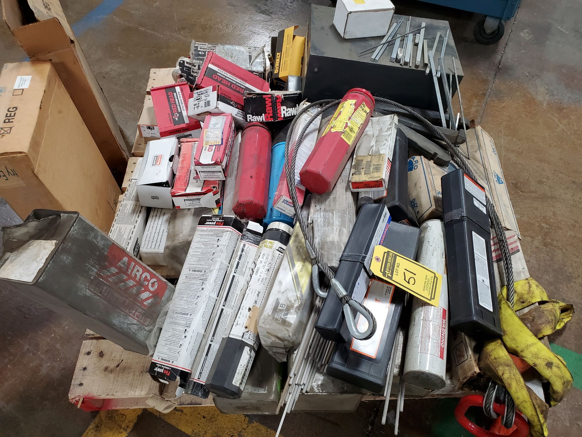 PALLET OF WELDING STICKS, TIPS AND ASSORTED WELDING SUPPORT