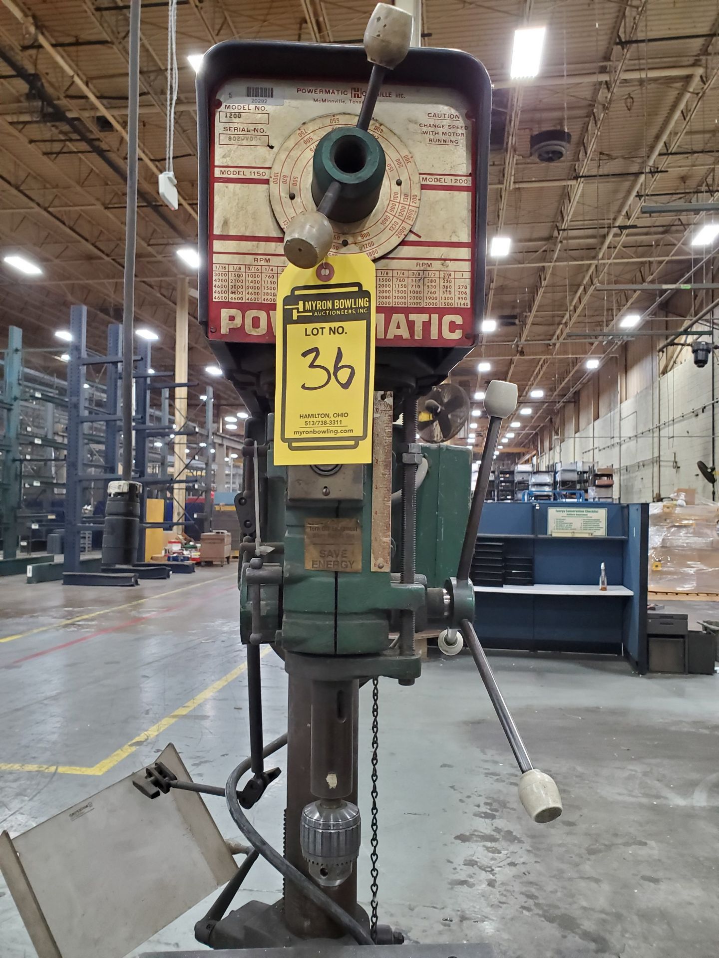 POWERMATIC VERTICAL DRILL PRESS, MODEL 1200, 250-4600 RPM, 18'` X 16'` SLOTTED TABLE - Image 5 of 6