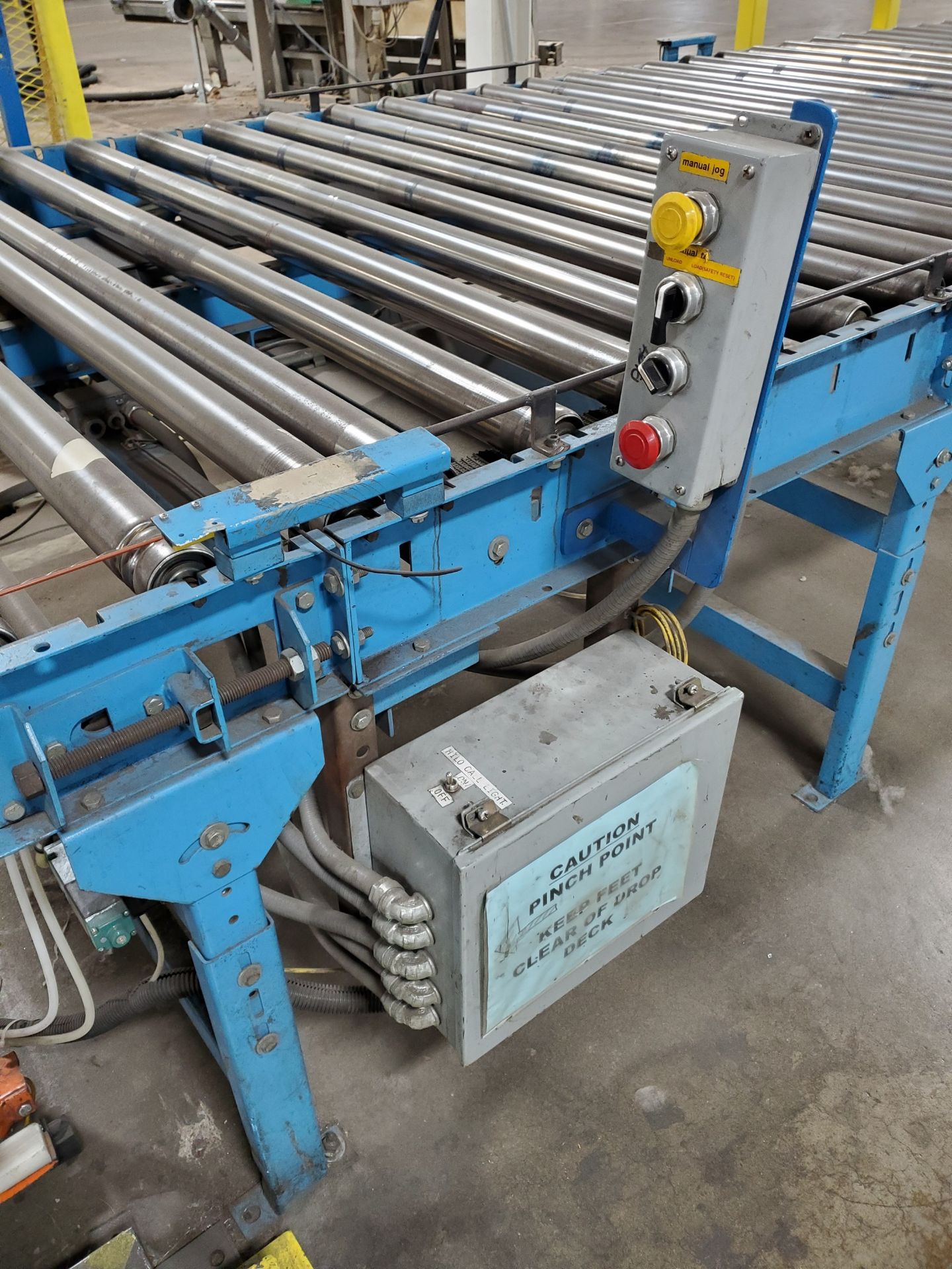 64'` X 82'` PNEUMATIC DOWN ENDER TABLE, ROLLER CONVEYOR TOP (END OF SHRINK LINE 1) - Image 2 of 5