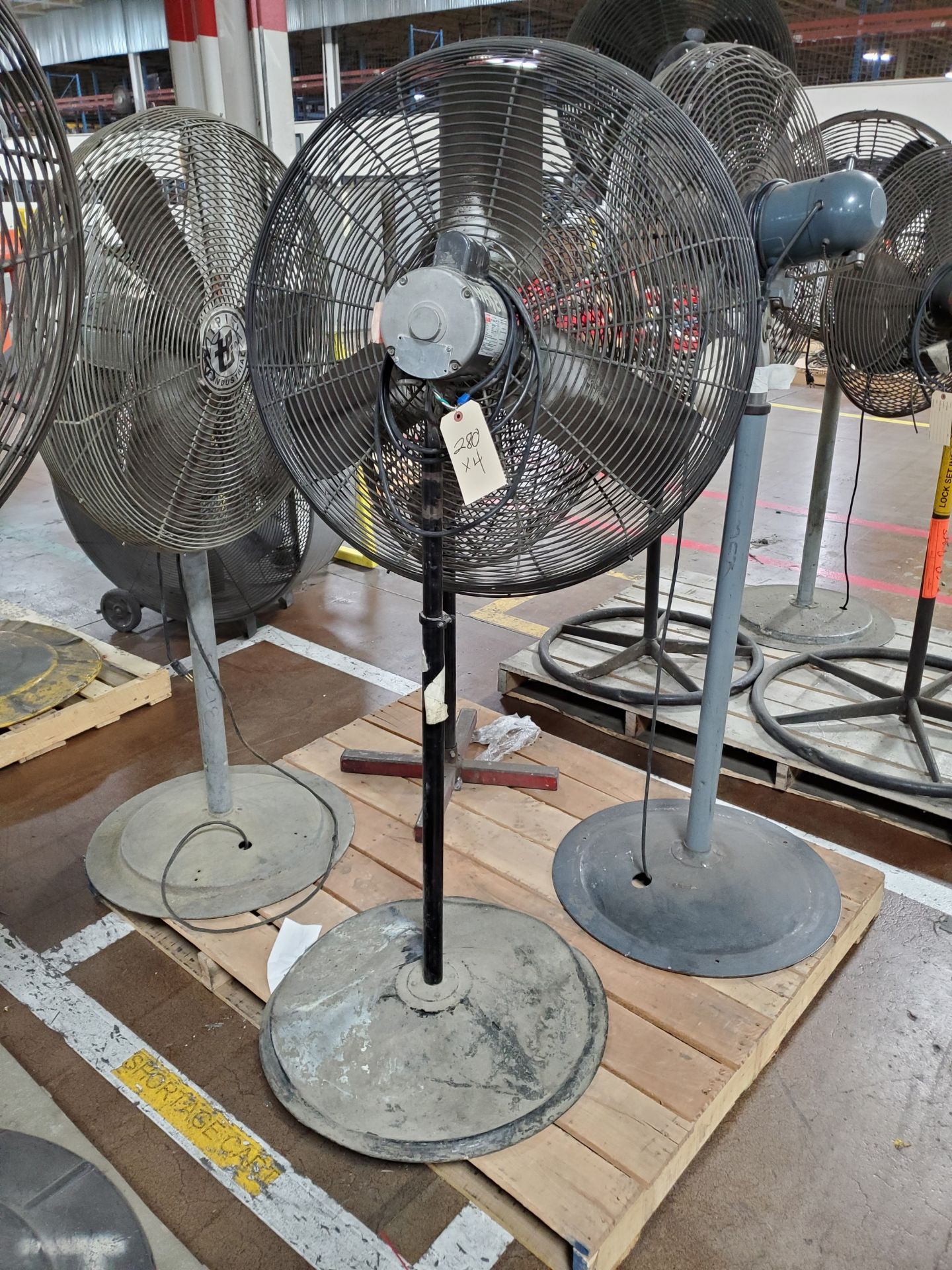 (4) PEDESTAL SHOP FANS - SOME ADJUSTABLE HEIGHT, 24'`-36'`