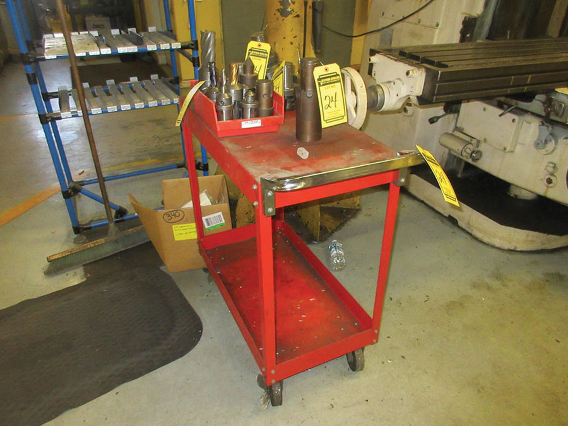 CART W/ CINCINNATI TOOLING: (2) MILLING HEADS, TOOL HOLDERS & DRILL BITS