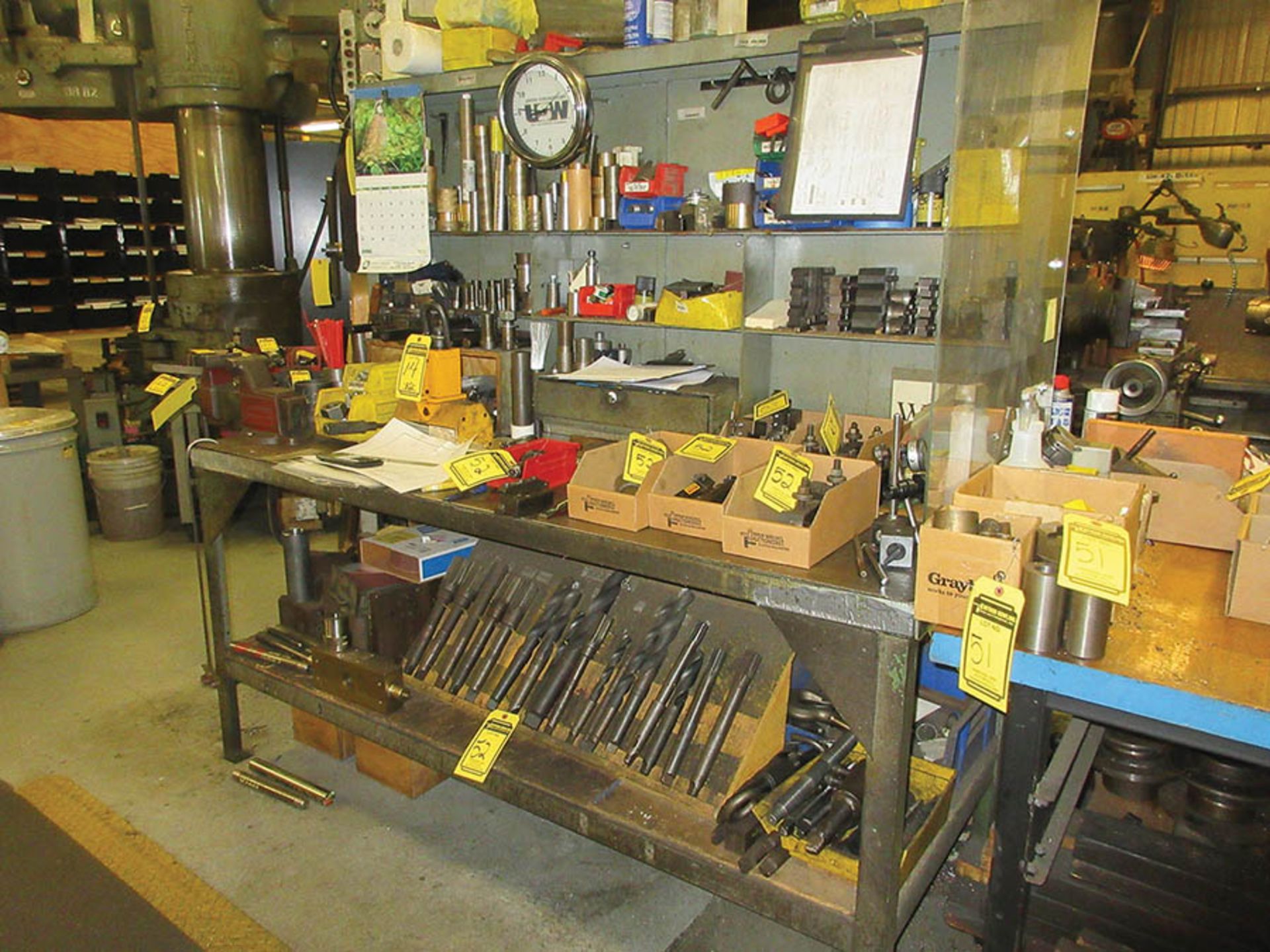 30'' X 60'' WORKBENCH W/ COLUMBIAN 4'' BENCH VISE & ASSORTED TOOLING: TAPER SHANK DRILL BITS,