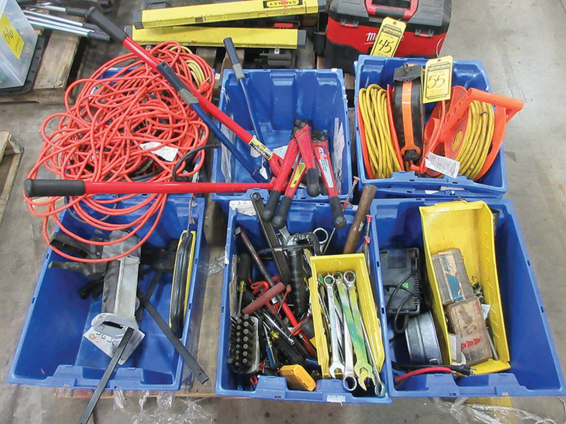 PALLET W/ ASSORTED TOOLS: BOLT CUTTERS, EXTENSION CORDS, FISH TAPE, CENTER PUNCHES