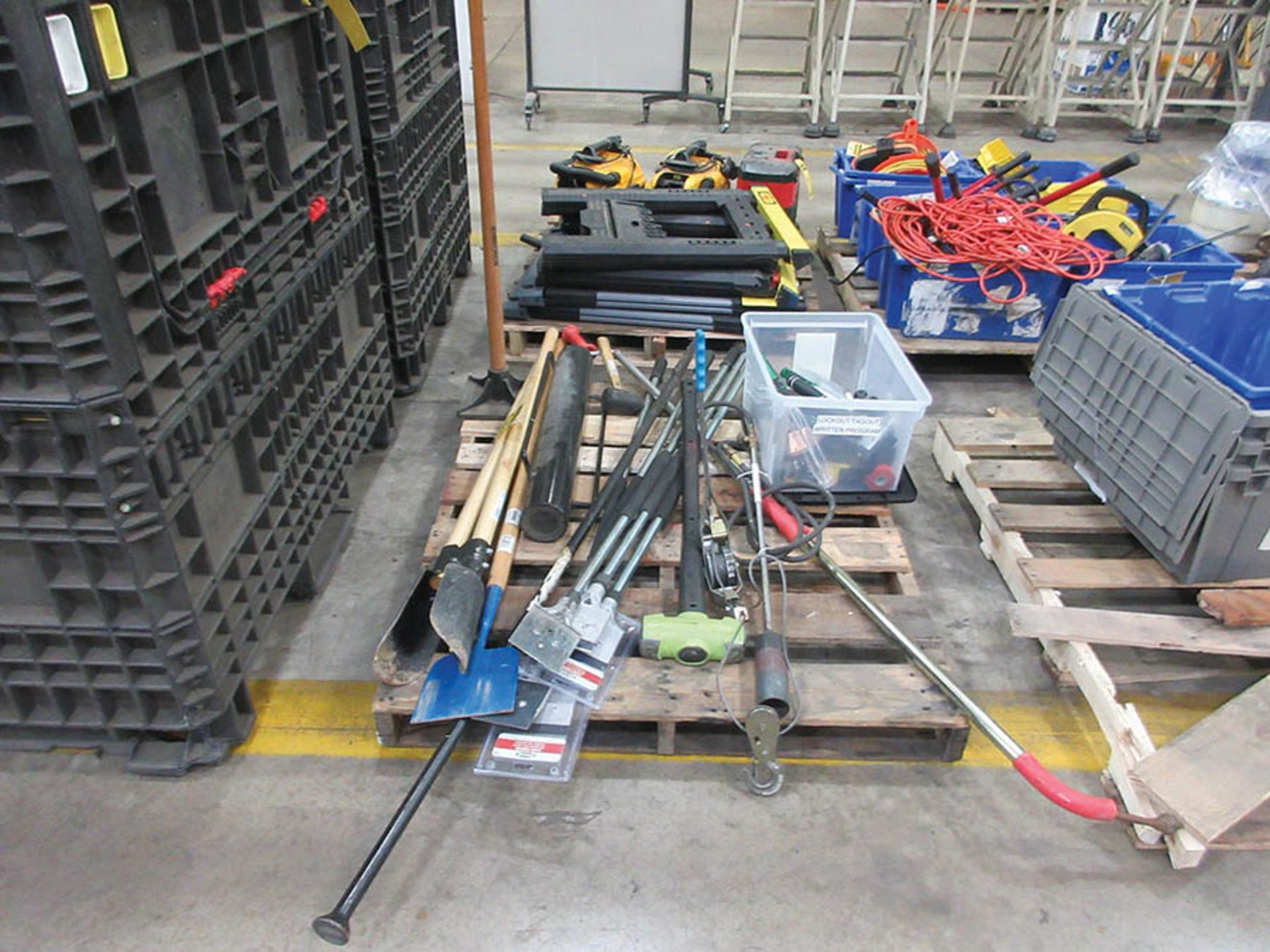 PALLET W/ ASSORTED TOOLS: POSTHOLE DIGGER, T-POST DRIVER, SCRAPERS, PROPANE TORCH