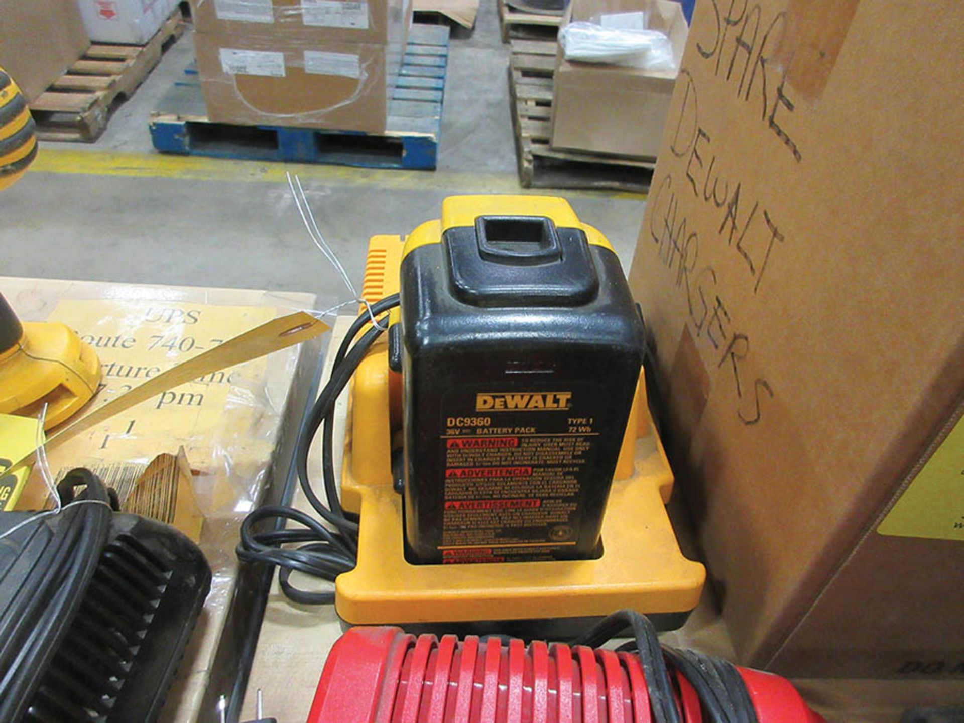 DEWALT 36V BATTERY CHARGER, 36V BATTERY, ASSORTED DEWALT CHARGERS, DEWALT CORDLESS FLASHLIGHTS