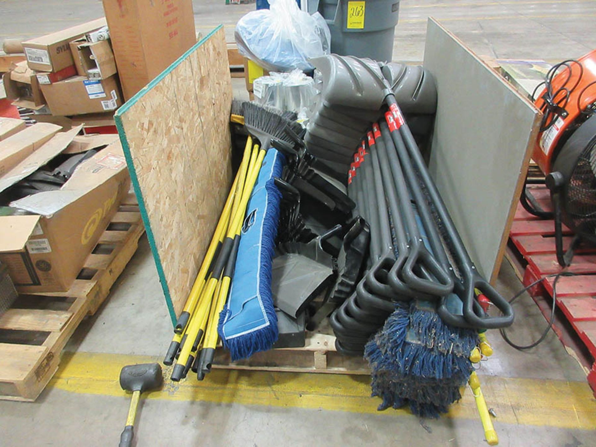 ULINE CART, (2) PALLETS W/ BROOMS, MOPS, SHOVELS, DUST PANS - Image 3 of 3