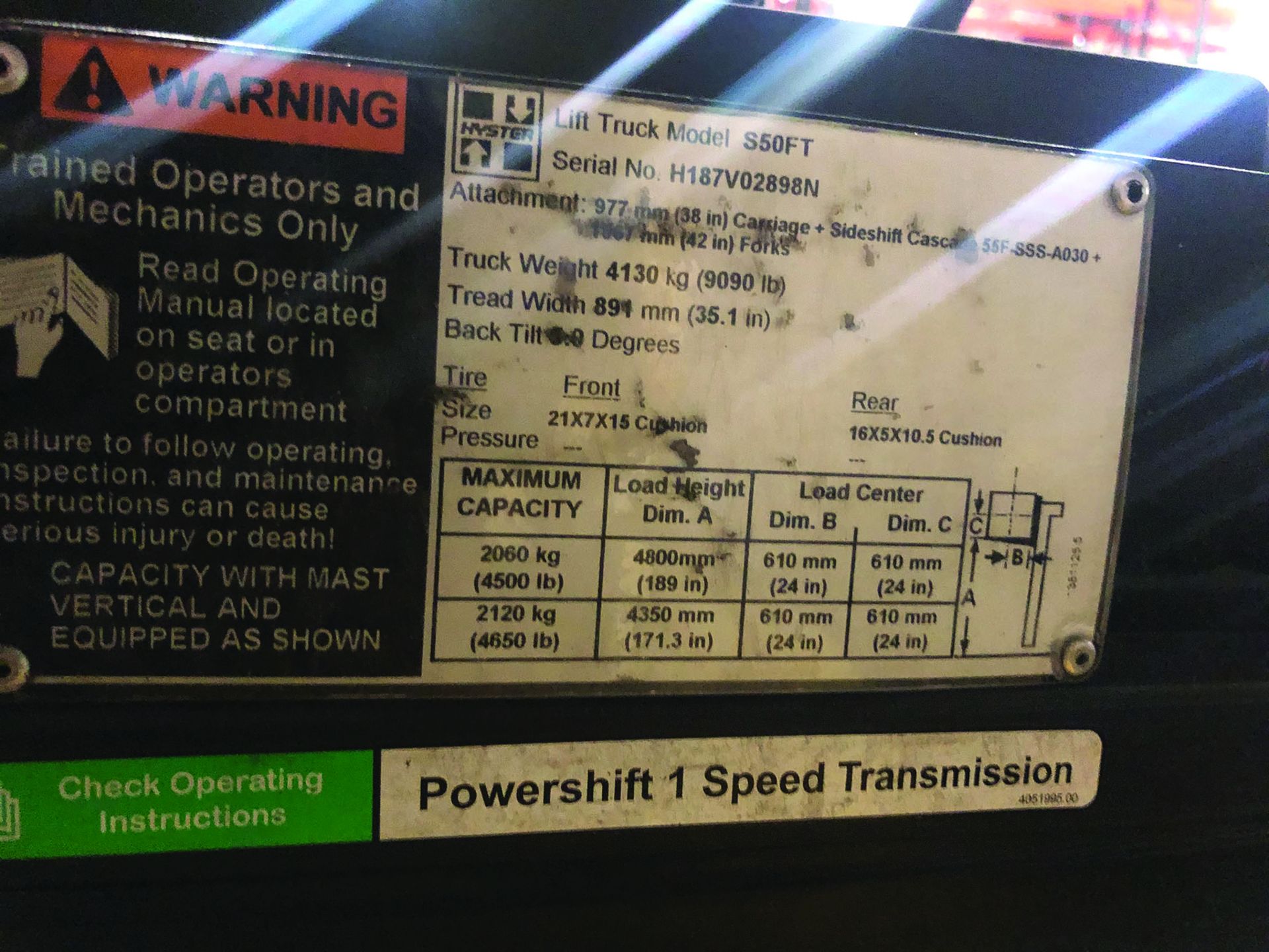 HYSTER 5,000 LB FORKLIFT, MODEL # S50FT, S/N- H187V02898N, SOLID TIRES, LP, 3-STAGE MAST, 6,906 - Image 4 of 4