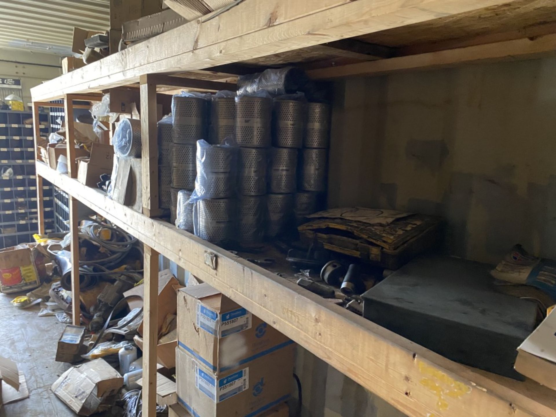 40' STEEL STORAGE CONTAINER FULL OF NEW FILTERS, HARDWARE, AND PARTS, HAS SHELVING & LIGHT - Image 18 of 24